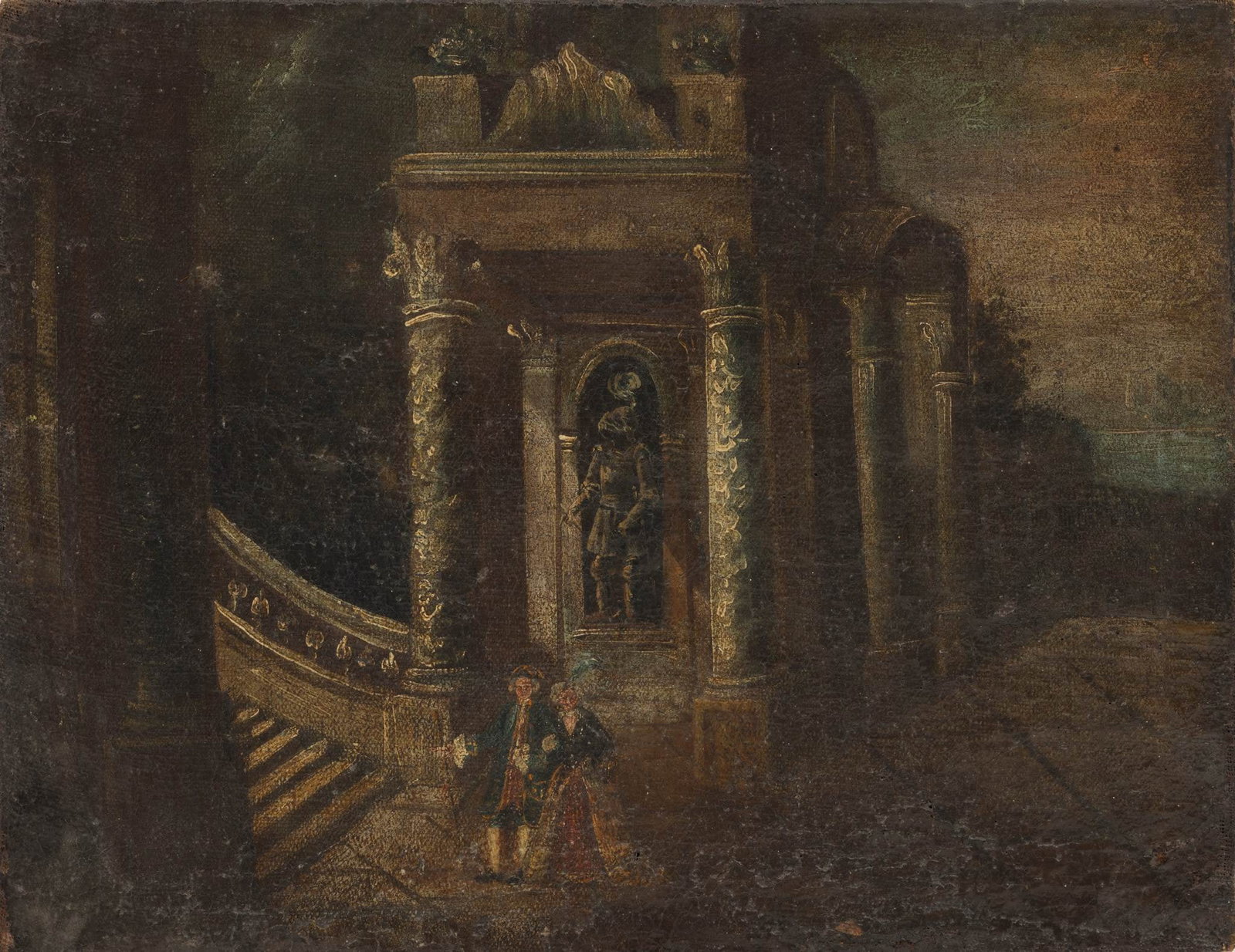 French Oil on Canvas, Ca. 19th C., 'Courting Couple', H 19" W 25.5" (1 of 5)