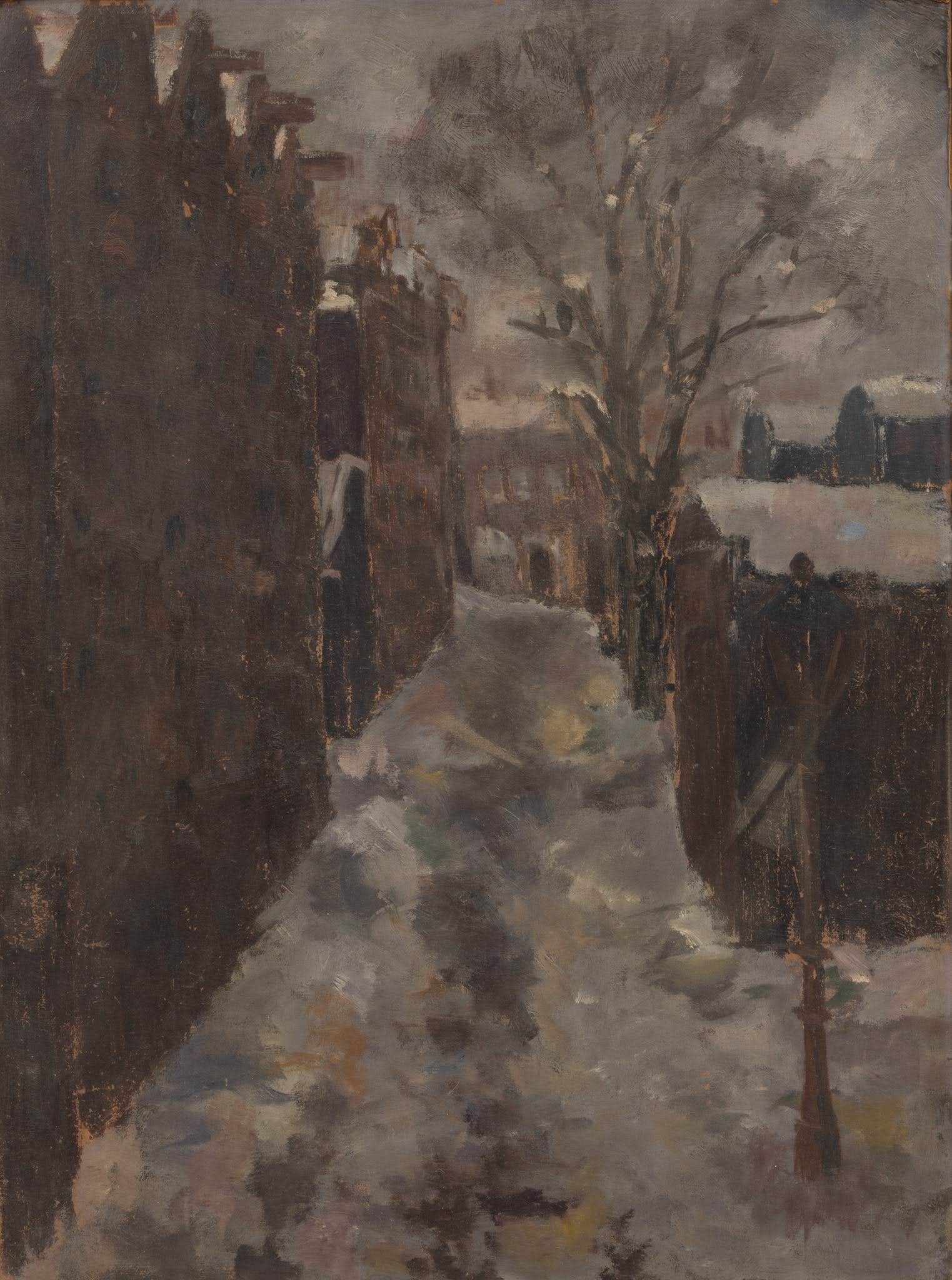 Dutch Oil on Masonite, Ca. Mid 20th C., 'City Street', H 39.5" W 29.5" (1 of 4)