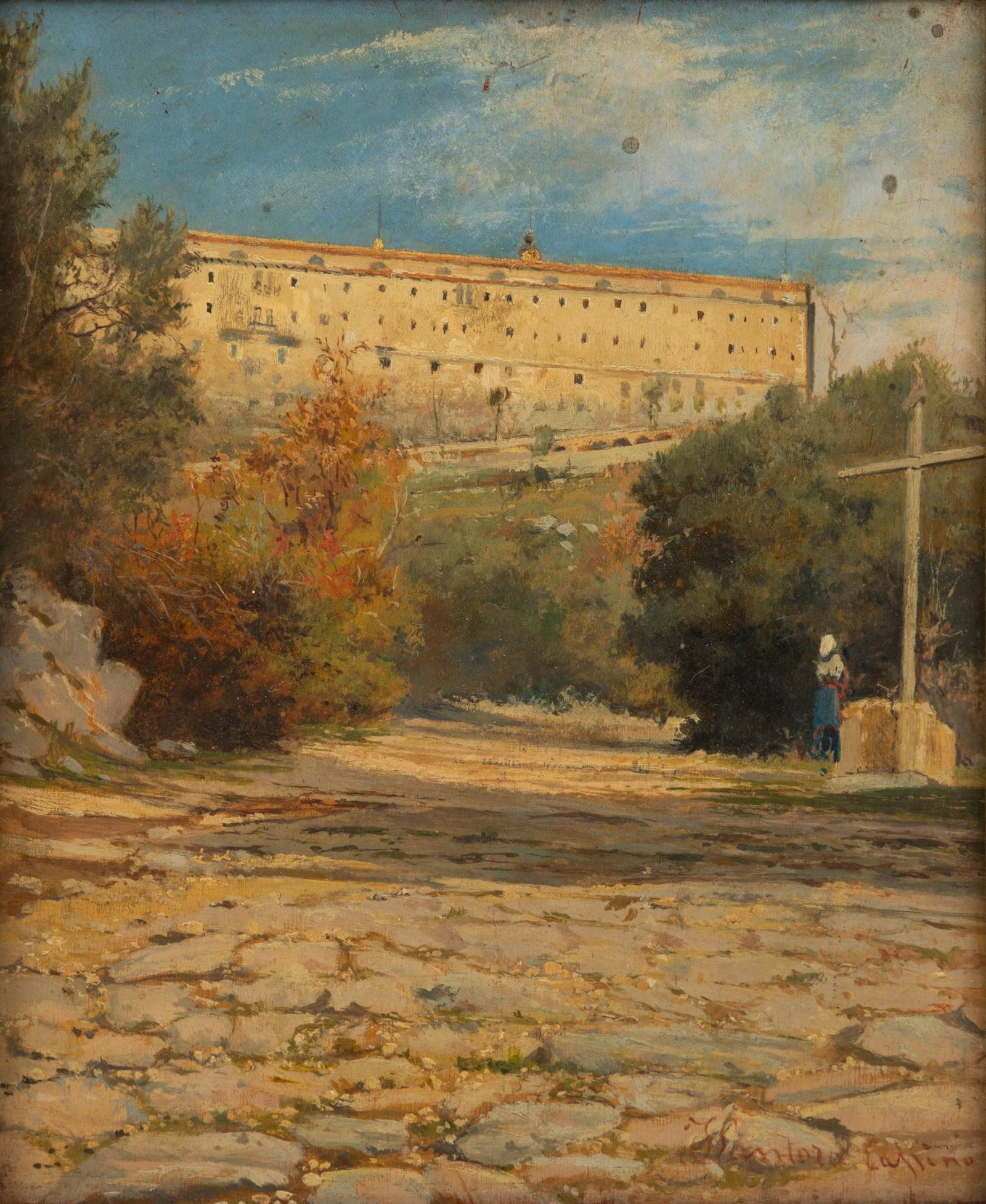 Oil on Board Early 20th C., 'Abbey of Monte Cassino', H 6.75" W 5.25": Oil on Board Early 20th C., 'Abbey of Monte Cassino', H 6.75" W 5.25" A view of the Abbey of Monte Cassino, Cassino, Italy with a single figure gazing up at a cross. Signed illegibly lower r