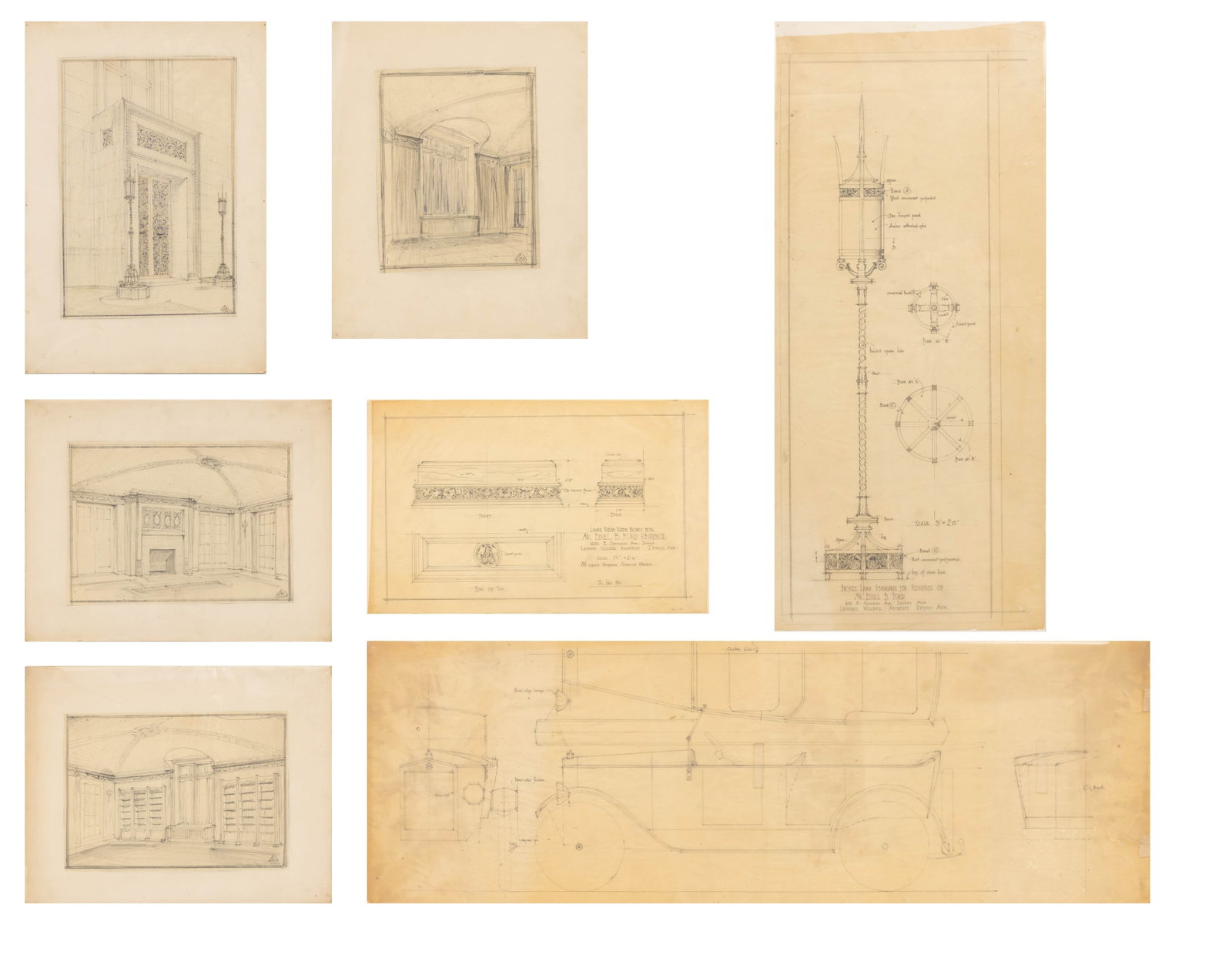 Leonard Willeke for Edsel Ford Architectural Drawings on Paper, Ca. 1919, 7 PCS (1 of 10)