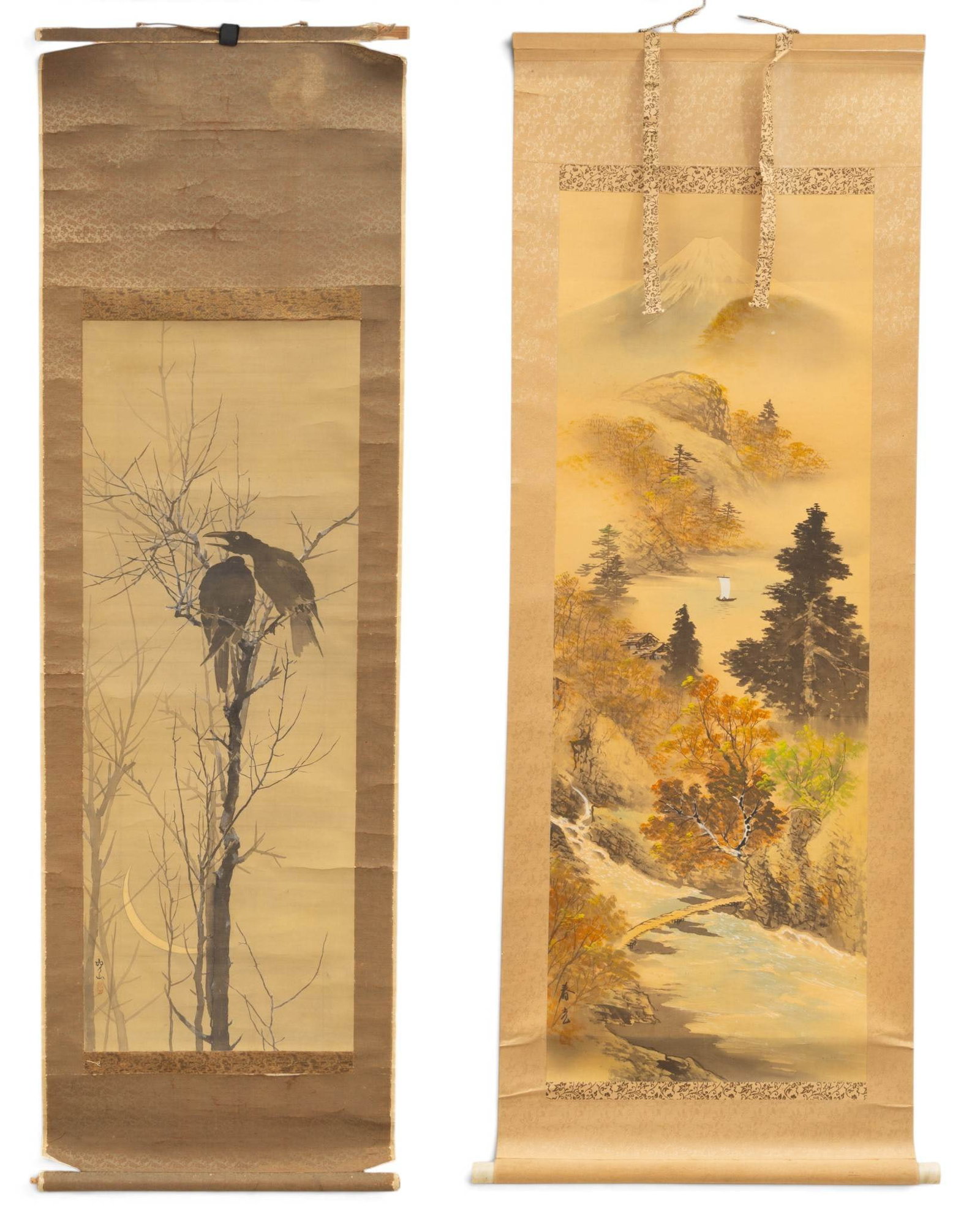 Japanese Ink and Watercolor on Silk Scroll 20th C., 2 PCS: Japanese Ink and Watercolor on Silk Scroll 20th C., 2 PCS (1.) An ink on silk scroll depicting a pair of crows perched atop a tree. Signed. (2.) A watercolor and ink on silk scroll depicting a mountai