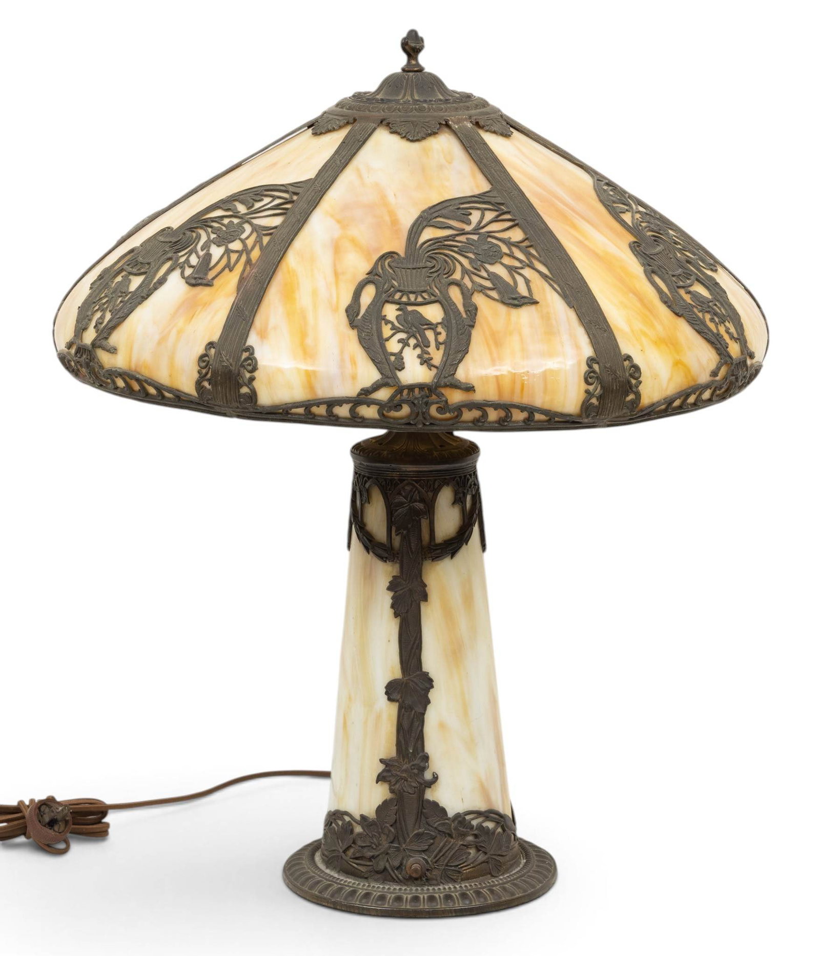 American Paneled Caramel Slag Glass Lamp, Ca. 1920s, 'Vase Motif', H 24" Dia. 20" (1 of 5)