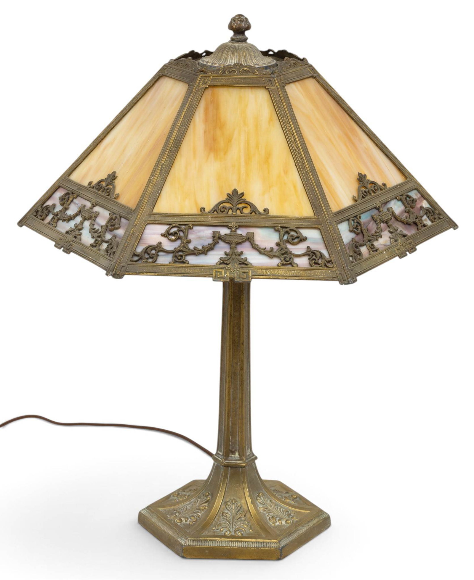 American Six-panel Slag Glass Lamp, Ca. 1920s, 'Urn and Swag Blue Border', H 22" Dia. 15": American Six-panel Slag Glass Lamp, Ca. 1920s, 'Urn and Swag Blue Border', H 22" Dia. 15" Patinated metal base. Light blue slag glass trim to the shade. Electrified. Provenance: Grosse Pointe Pa