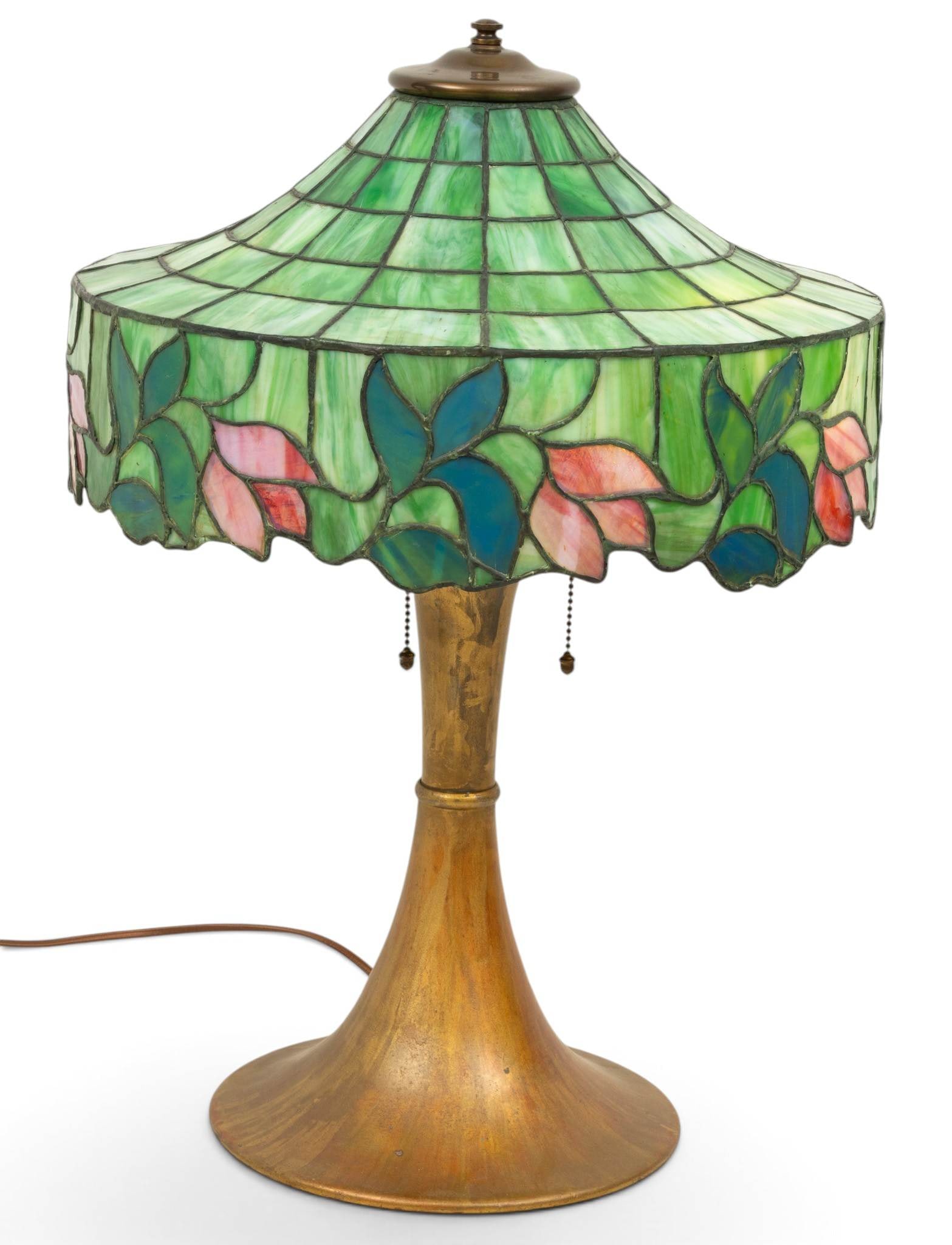 American Leaded Green Slag Glass Panel Table Lamp, Ca. 1920s, 'Leaf and Tulip', H 23" Dia. 16" (1 of 4)
