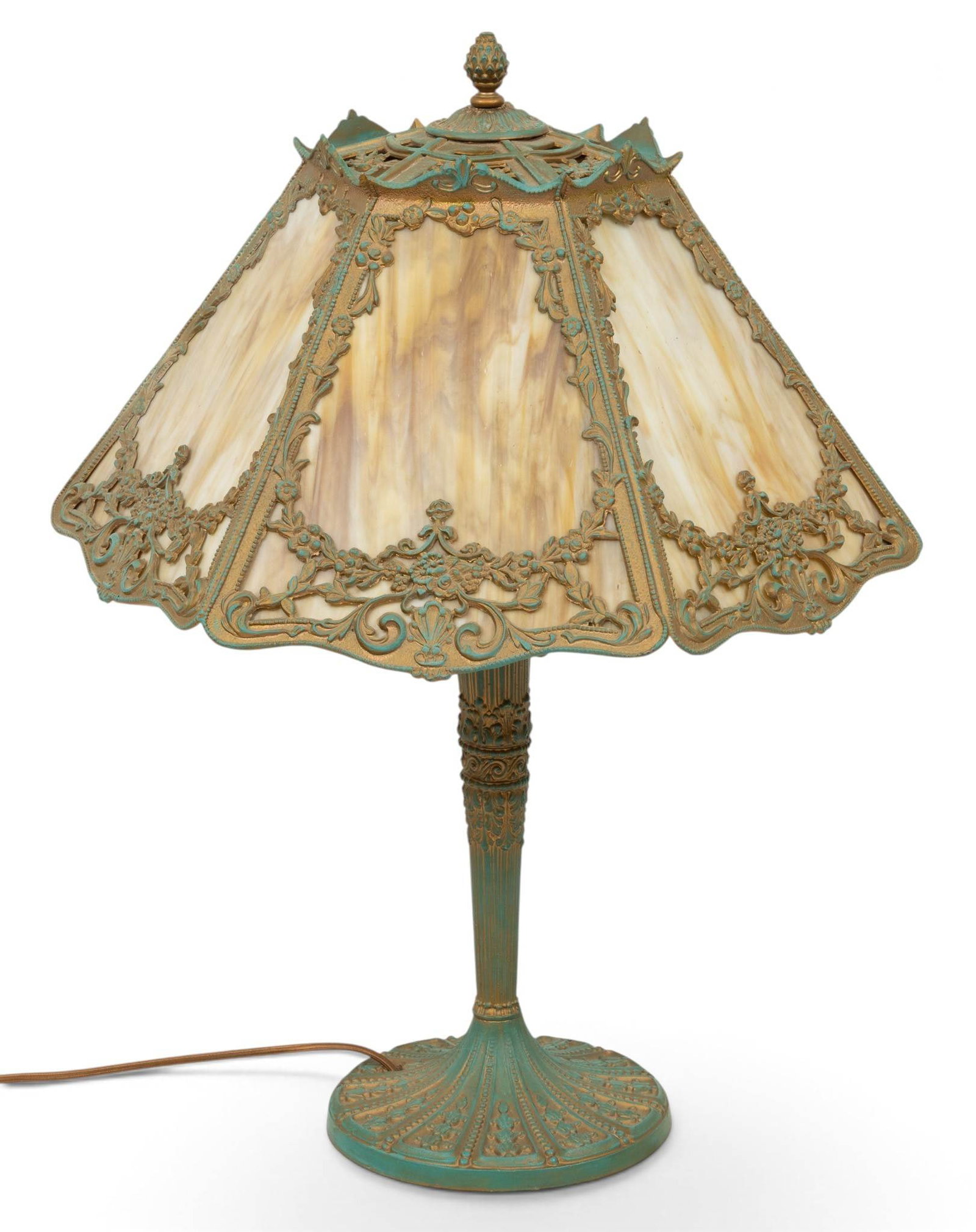 American Paneled Leaded Caramel Slag Glass Table Lamp, Ca. 1920s, 'Floral and Scroll', H 23.5" Dia.: American Paneled Leaded Caramel Slag Glass Table Lamp, Ca. 1920s, 'Floral and Scroll', H 23.5" Dia. 16" Patinated metal base. Electrified. Provenance: Grosse Pointe Park, Michigan Collector Dime