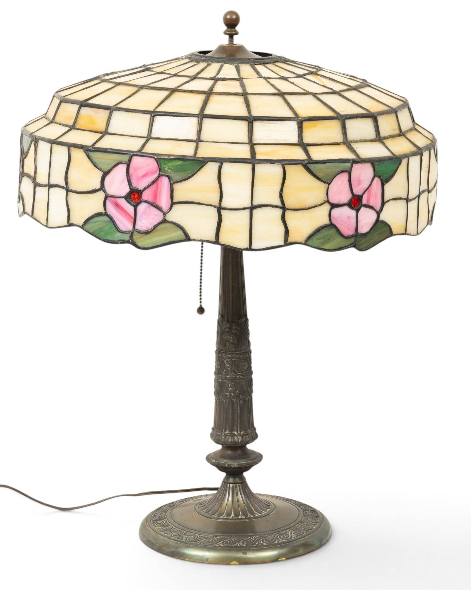 American Leaded Glass Lamp, Ca. 1920s, 'Pink Floral and Leaf', H 21" Dia. 16" (1 of 4)