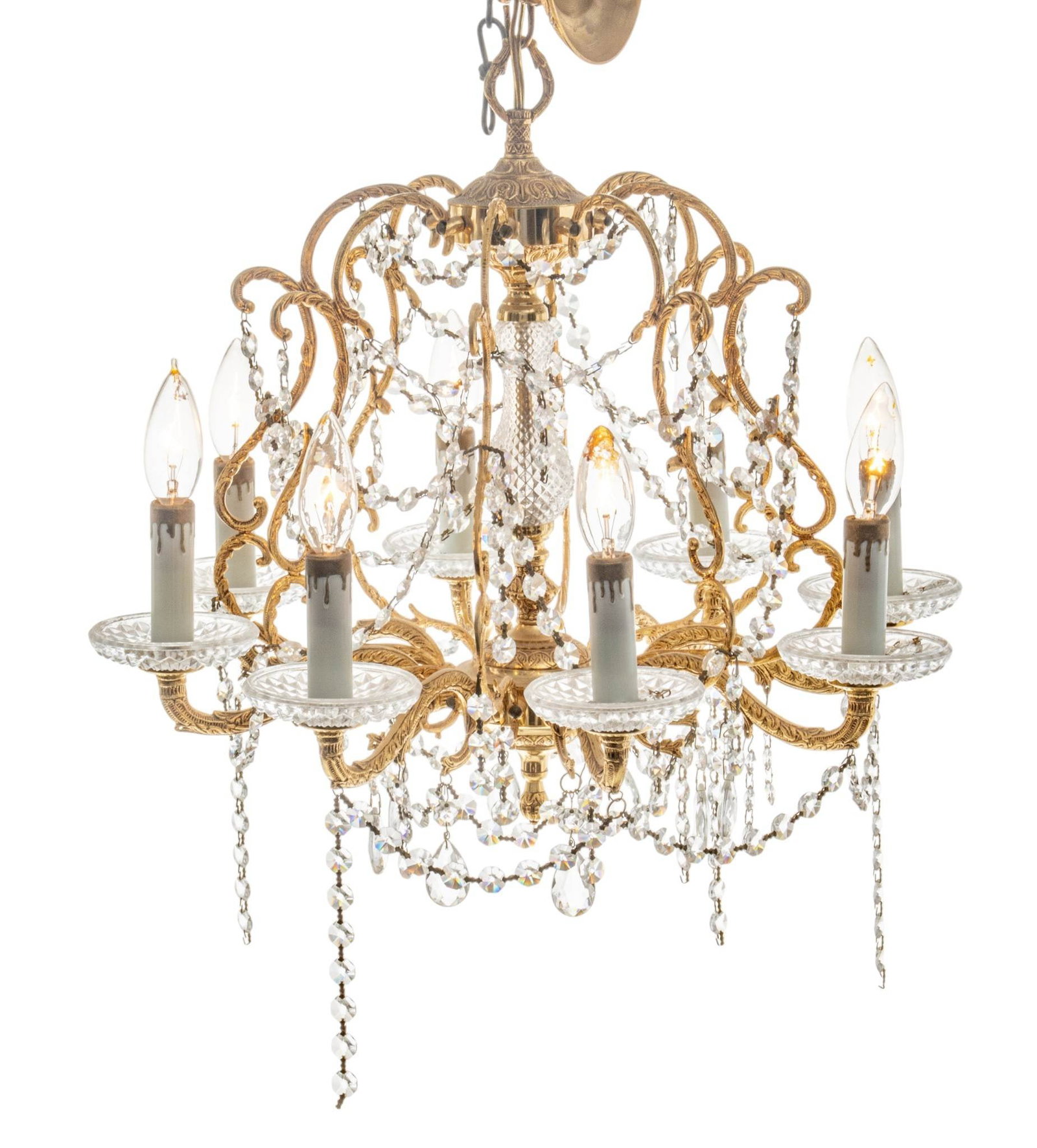 Traditional Gilt Metal and Crystal Chandelier, 8 Lights 1960, H 17" Dia. 17" 1 PC: Traditional Gilt Metal and Crystal Chandelier, 8 Lights 1960, H 17" Dia. 17" 1 PC From a Grosse Pointe Shores home. Dimensions: H 17" Dia 17" 1 PC