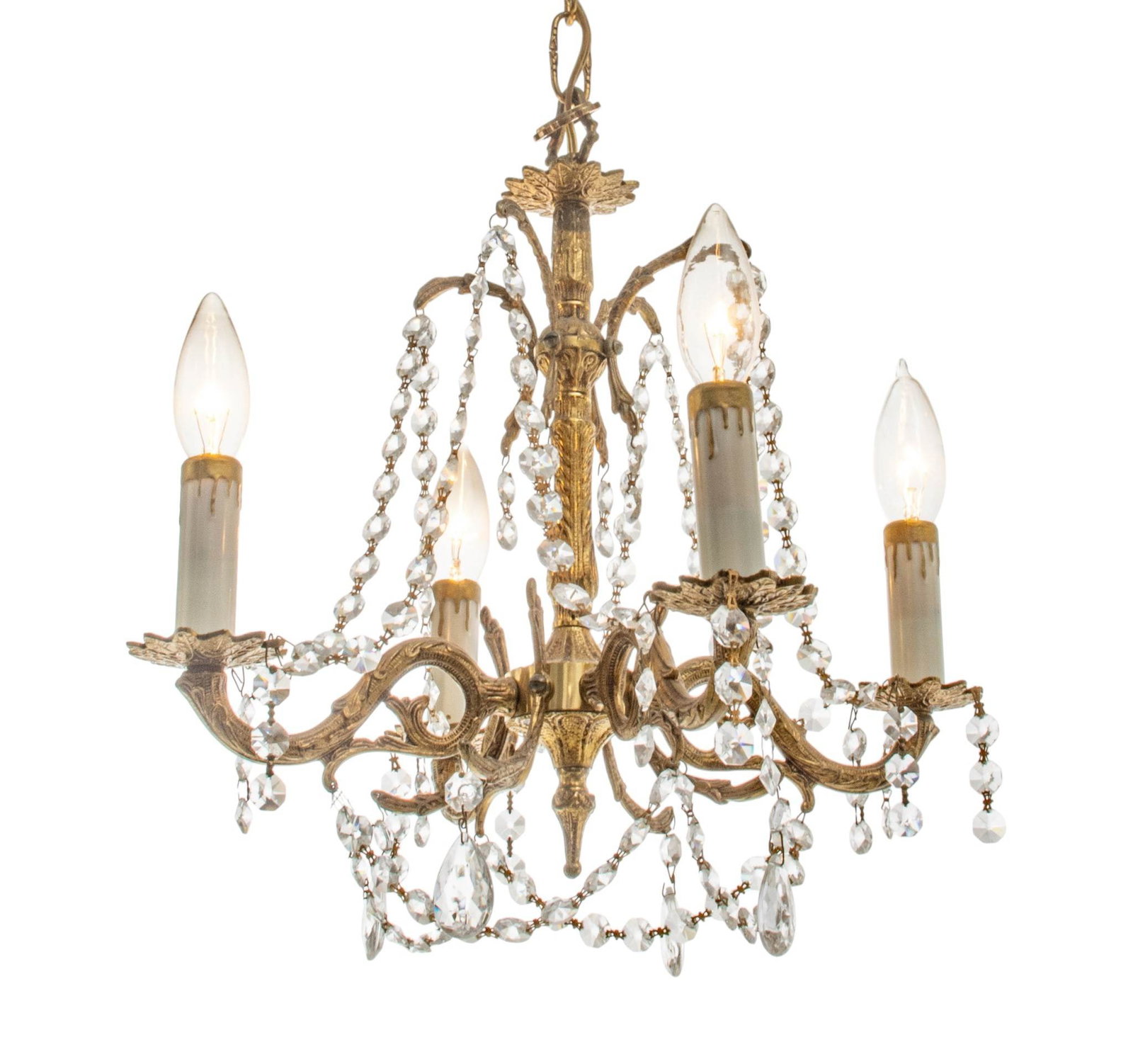 Small Gilt Metal and Crystal 4 Light Chandelier 1960, H 12" Dia. 12" 1 PC: Small Gilt Metal and Crystal 4 Light Chandelier 1960, H 12" Dia. 12" 1 PC Dimensions: H 12" Dia 12" 1 PC