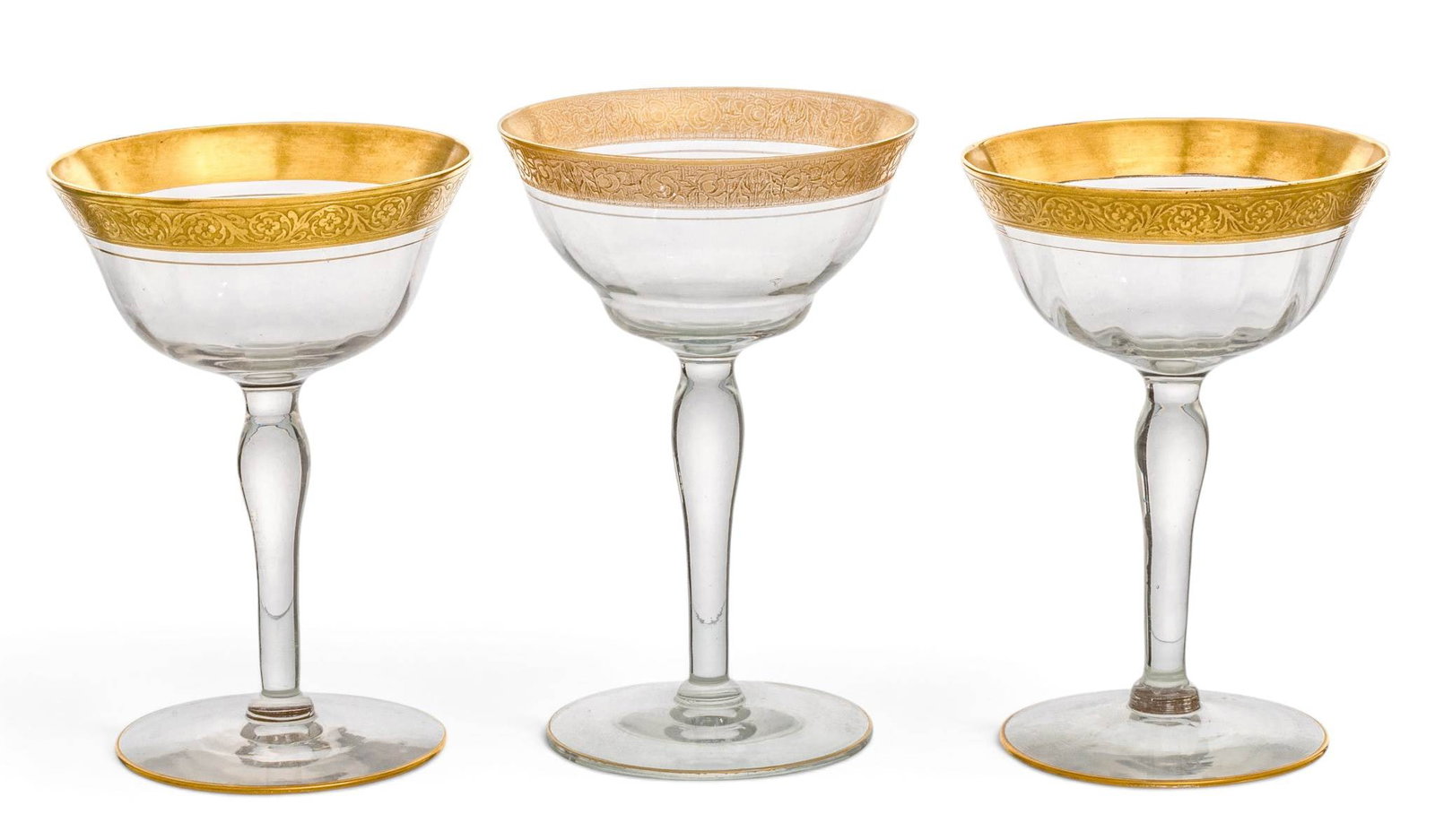 Crystal, Gold Band Champagne Stem Glasses 1930, H 5.5" 15 PCS: Crystal, Gold Band Champagne Stem Glasses 1930, H 5.5" 15 PCS Wide gold band. match next lot. Dimensions: H 5.5" 15 PCS