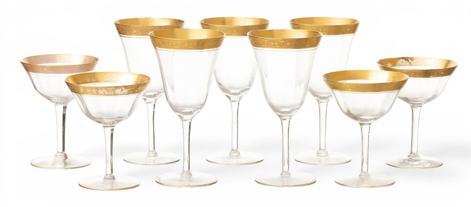 Gold Band Stemware: 14 Goblets, 4 Champagnes 1940, H 6.7" 9 PCS (1 of 2)