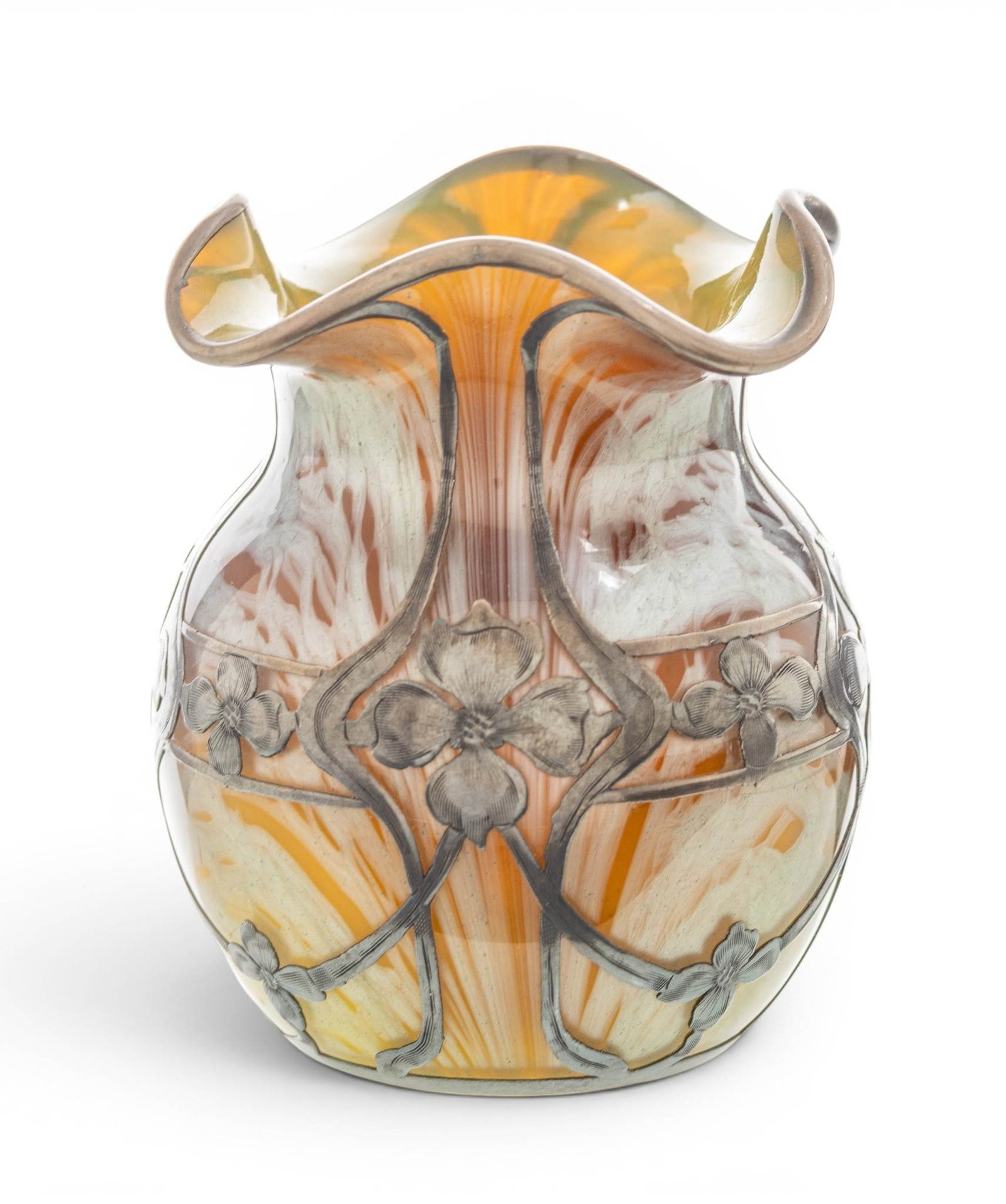 Loetz (Austrian) Art Nouveau Silver Overlay Cased Glass Vase, Ca. 1900, H 4" Dia. 3.5": Loetz (Austrian) Art Nouveau Silver Overlay Cased Glass Vase, Ca. 1900, H 4" Dia. 3.5" A very fine blown glass vase with iridescent silver exterior and green cased interior having a form fitting silve
