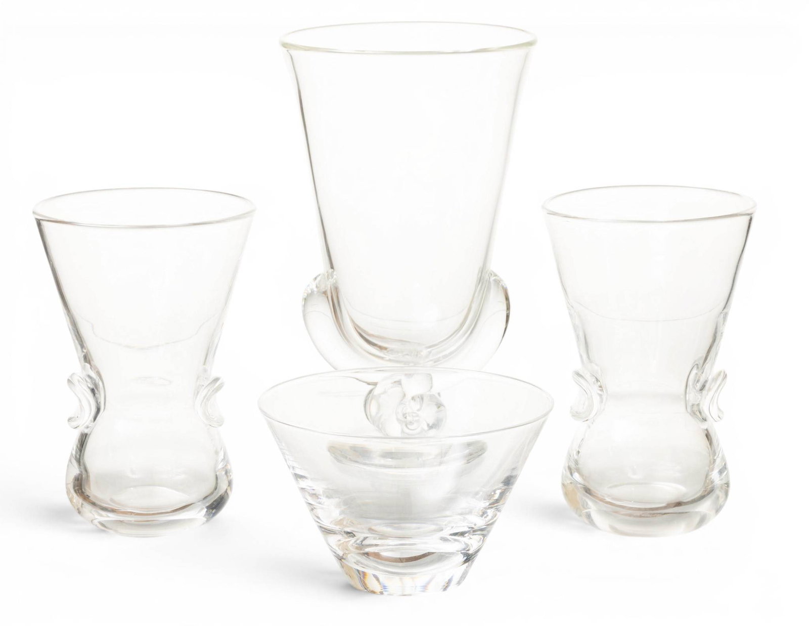 Steuben Glass Works (American) Vases 4 PCS: Steuben Glass Works (American) Vases 4 PCS All signed on base. Provenance: A Grosse Pointe Farms, MI private collection. Dimensions: Dish H 3" Dia 5" 1 PC Vase H 6" Dia 4" 1 PAIR Vase H 8.5" Dia