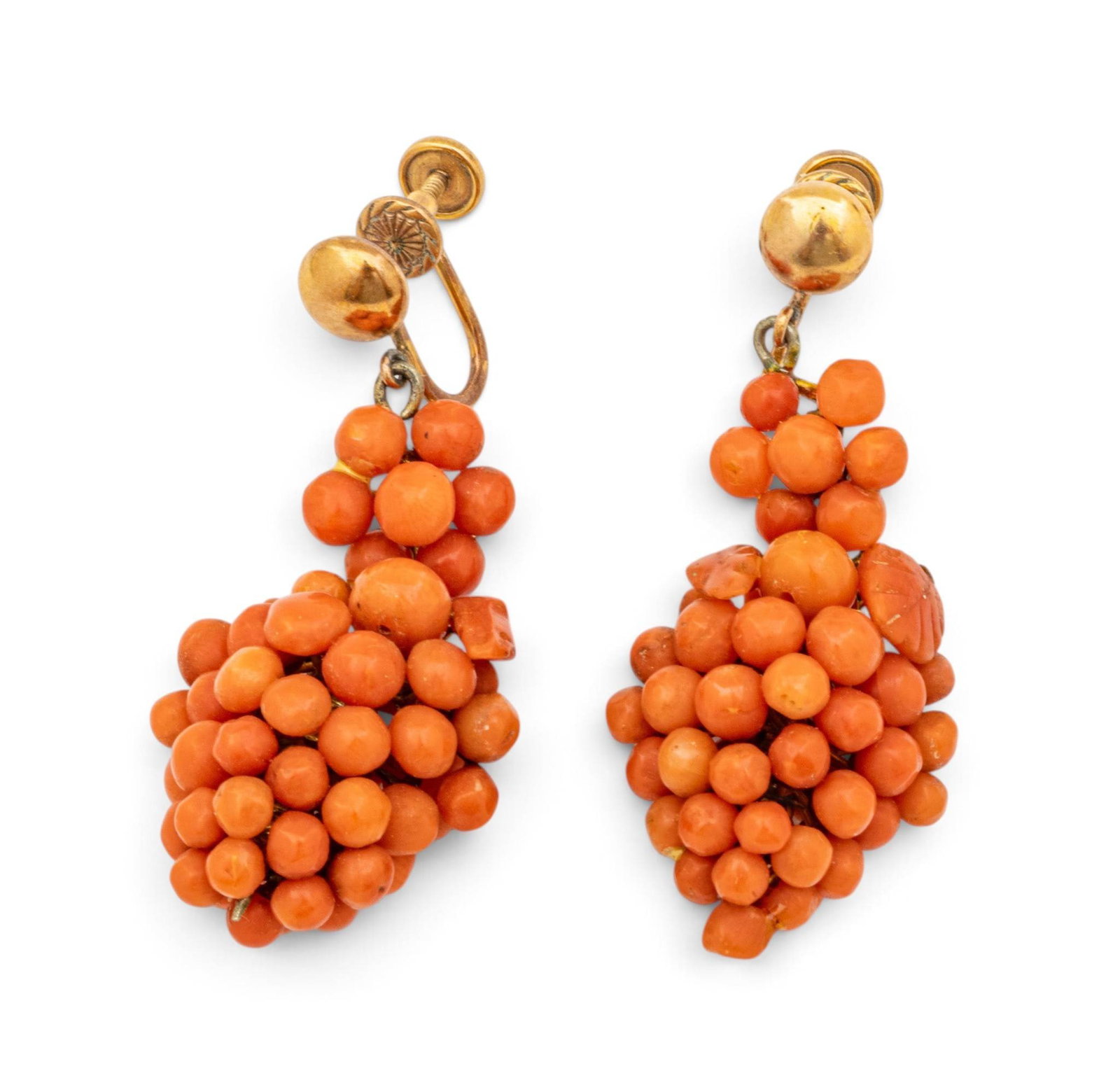 Coral Pendant Earrings 1900, 12 grams 1 PAIR: Coral Pendant Earrings 1900, 12 grams 1 PAIR In original leather and velvet lined box. Dimensions: 12 g 1 PAIR Weight: 12 grams