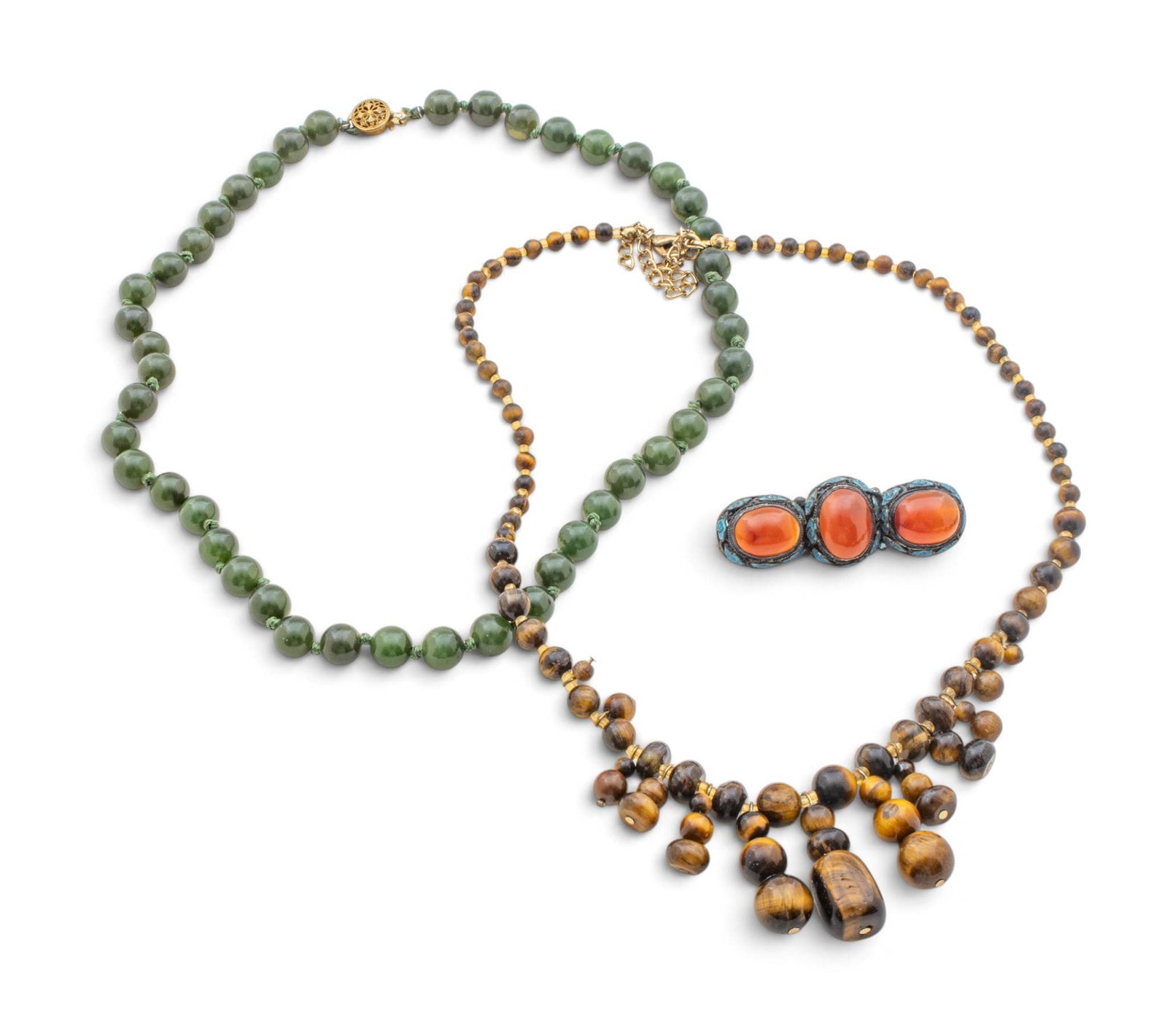 Chinese Silver and Carnelian Brooch, Tiger Eye and Jade Necklaces 1960, 3 PCS (1 of 7)
