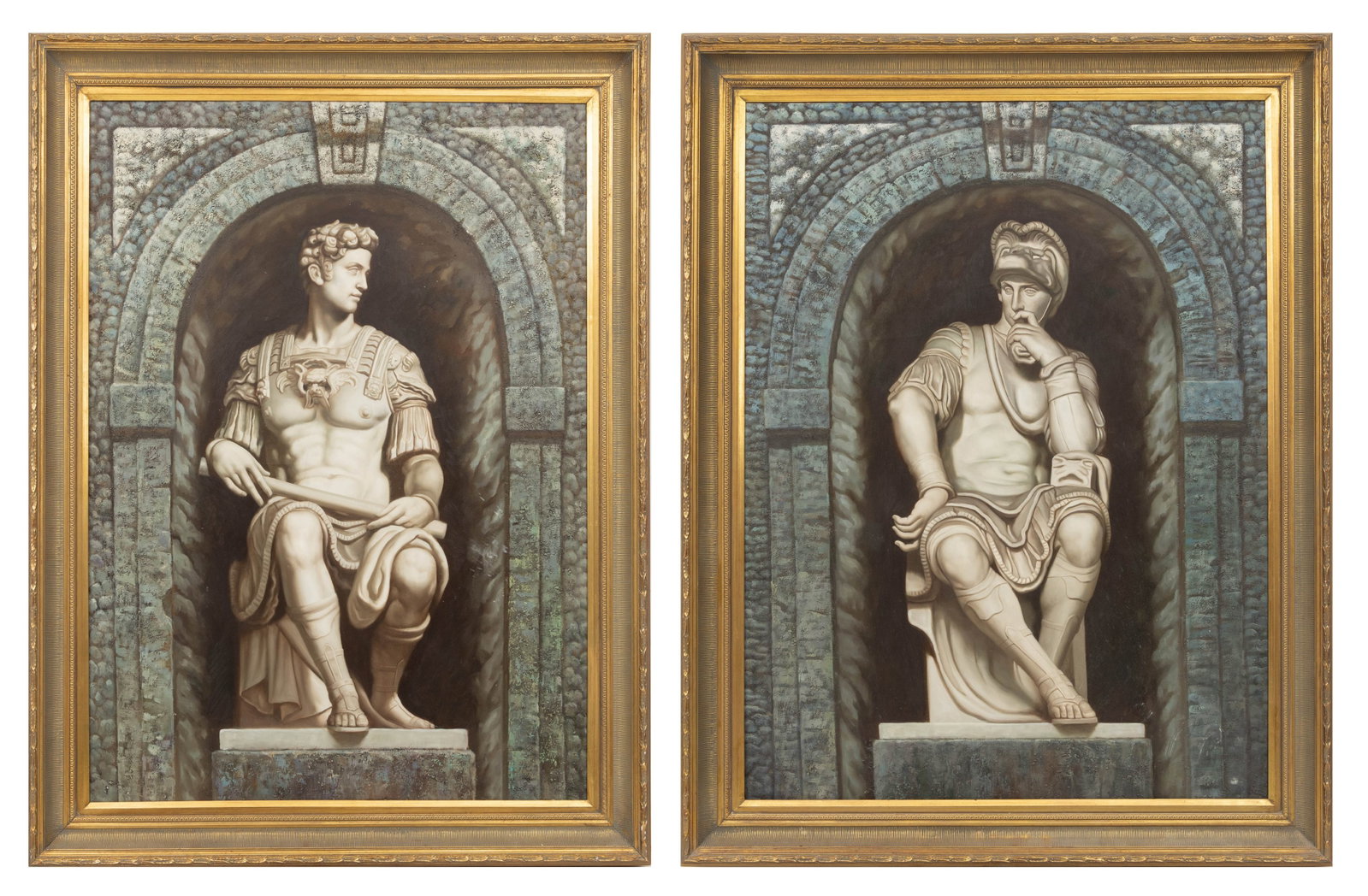 Pair of Oils on Canvas 20th Cent., 'Seated Roman Warriors', H 48" W 36" 1 PAIR (1 of 9)