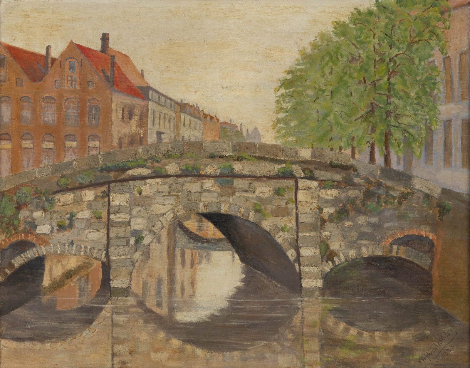 W. Huddleston Oil on Canvas, 1933, 'Quai Des Augustins, Bruges', H 16" W 20": W. Huddleston Oil on Canvas, 1933, 'Quai Des Augustins, Bruges', H 16" W 20" Signed and dated lower right. Located and dated April 1933 on stretcher verso. Depicting a stone bridge on the Quai de