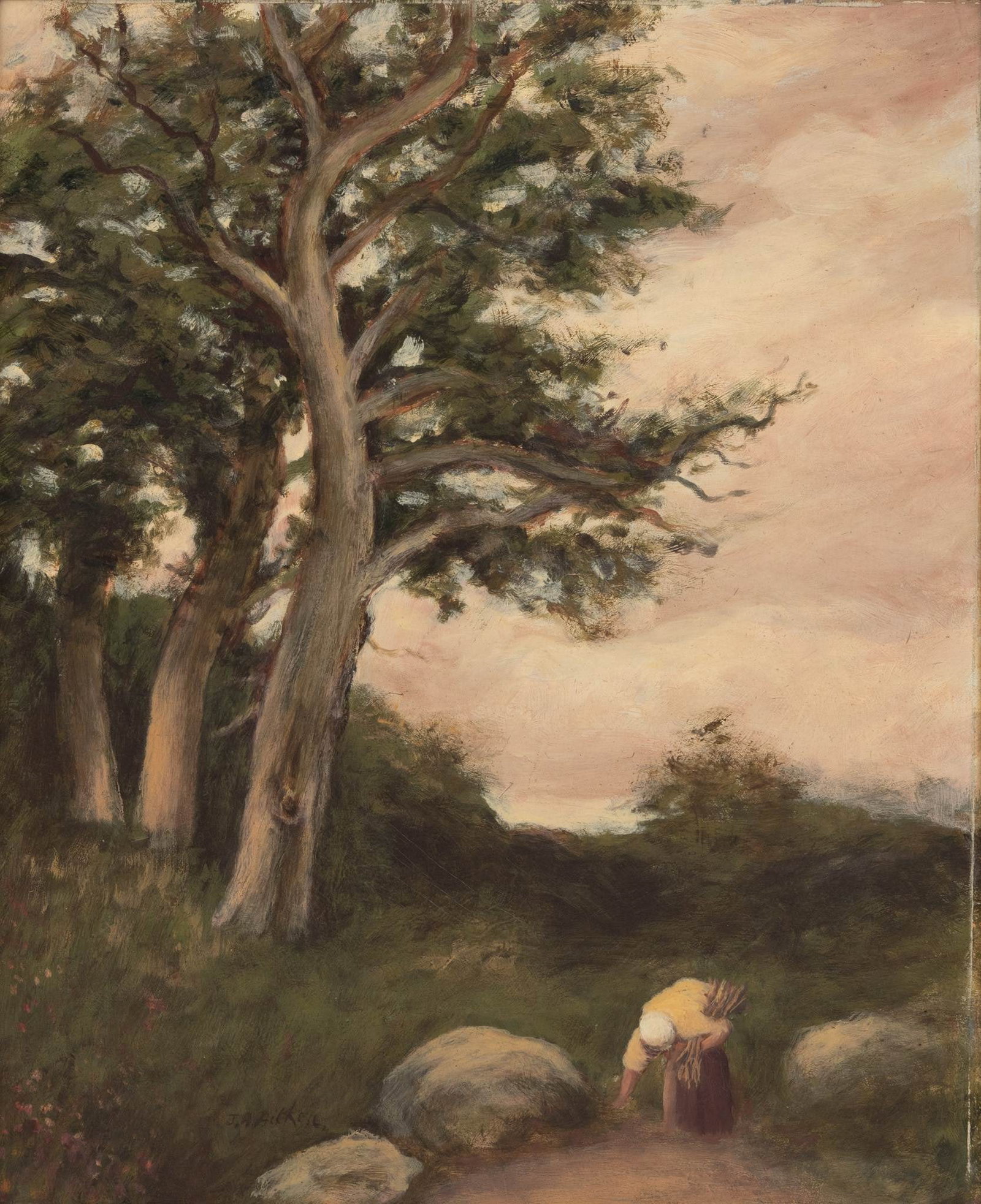 James Alfred Aitken (Scottish, 1846-1897) Oil on Board, 'Woman Gathering a Bundle of Sticks', H 21" (1 of 5)