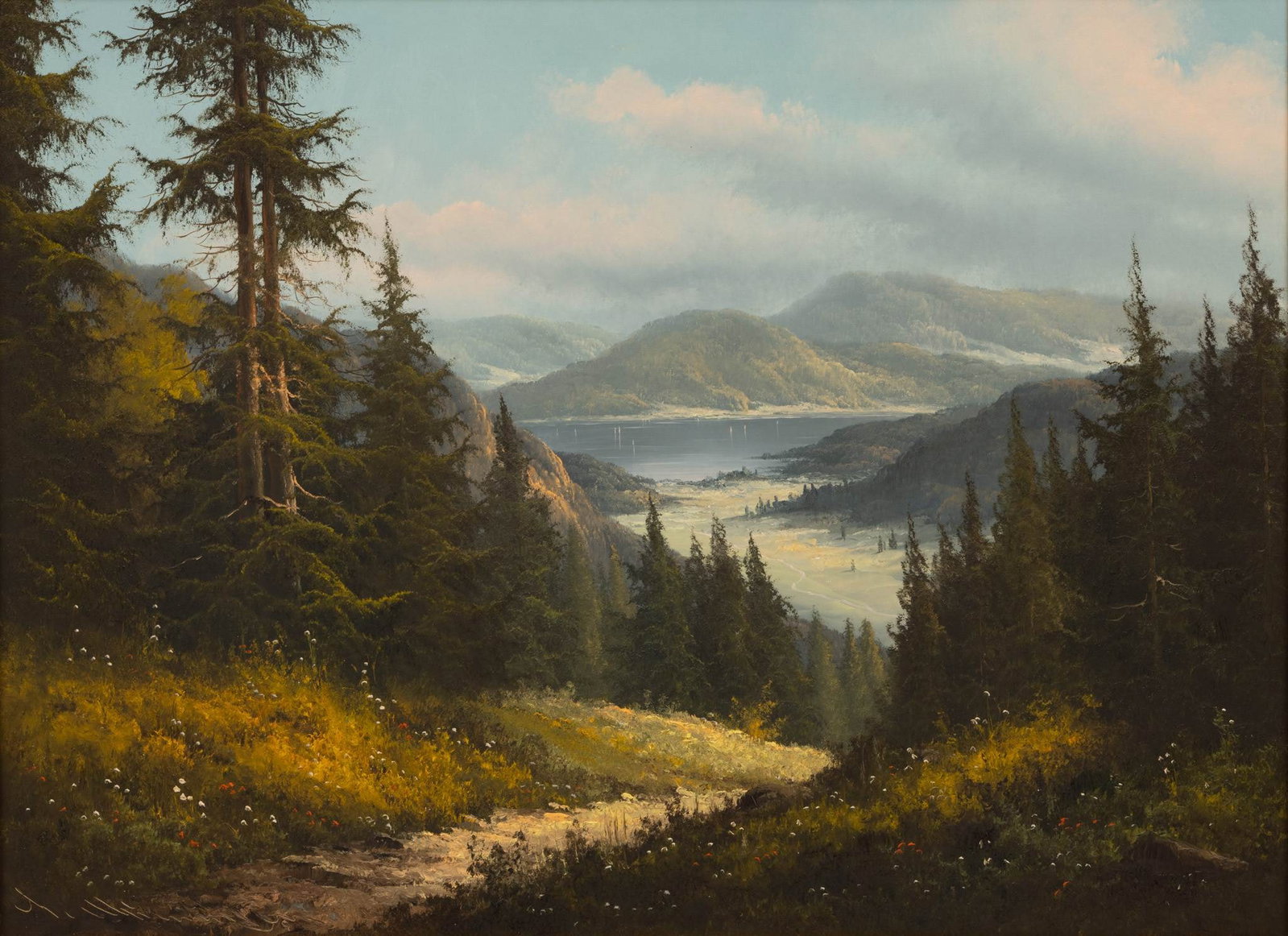 Ludwig Muninger (German, 1929-1997) Oil on Canvas, Ca. 1980-90, 'Alpine Lake in the Spring', H 23" W (1 of 6)