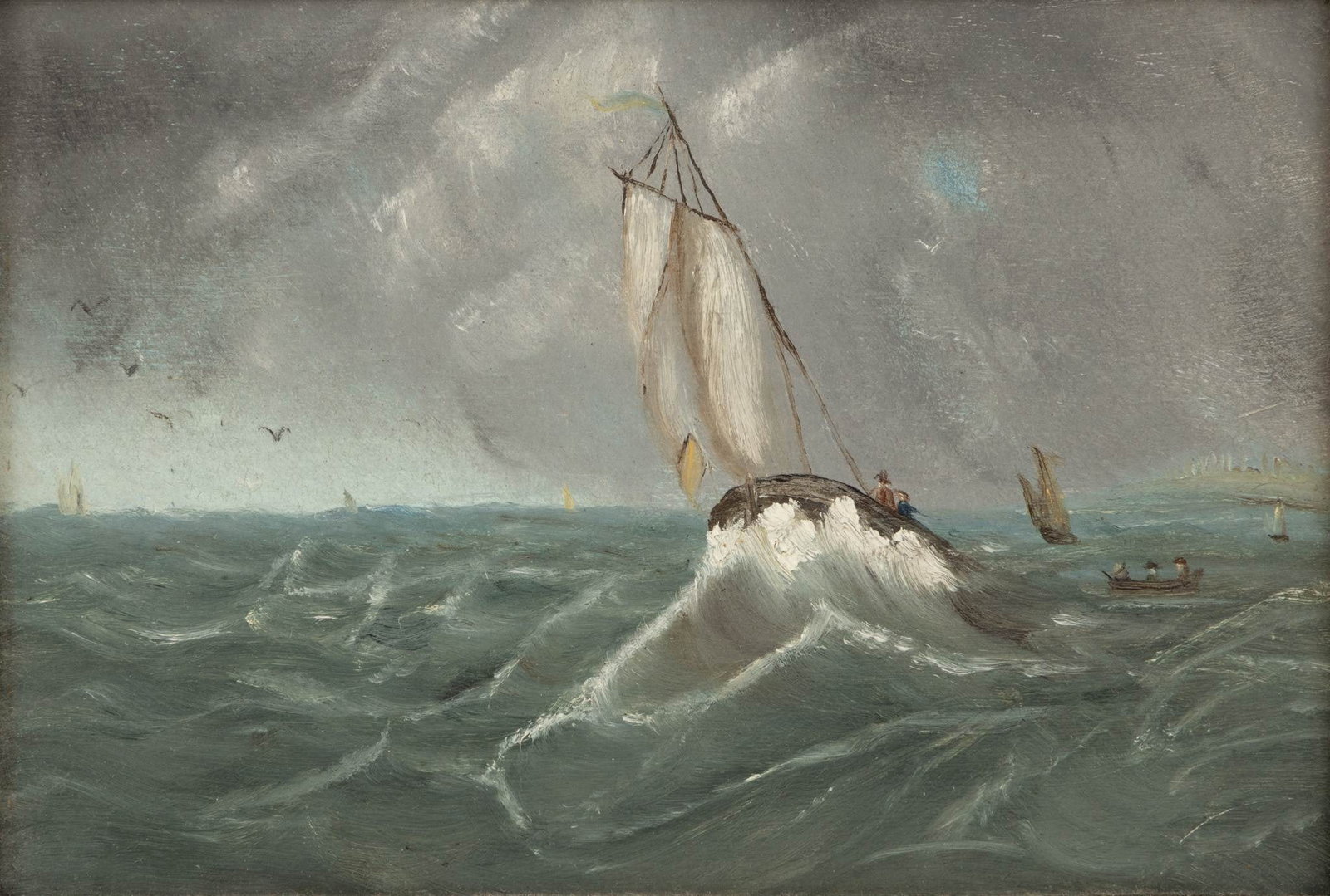 American Oil on Board, Ca. 1900, 'Sailing Vessel', H 7" W 9.75" (1 of 4)