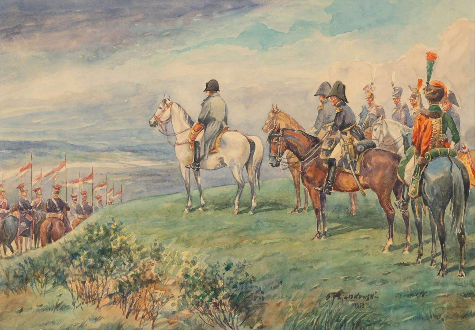 Stephan Pajaczkowski (Polish, 1900-1978) Watercolor on Wove Paper, 1953, 'Napoleon, His Marshals,: Stephan Pajaczkowski (Polish, 1900-1978) Watercolor on Wove Paper, 1953, 'Napoleon, His Marshals, and His Polish Uhlans', H 11.25" W 16" Signed and dated lower right. Depicting the Emperor Napoleon mo