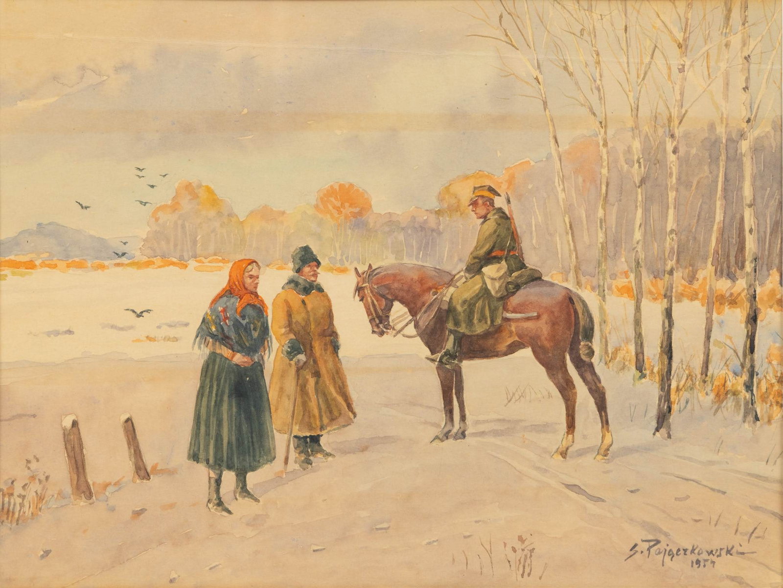 Stephan Pajaczkowski (Polish, 1900-1978) Watercolor on Wove Paper, 1959, 'Uhlan Meeting Travelers on: Stephan Pajaczkowski (Polish, 1900-1978) Watercolor on Wove Paper, 1959, 'Uhlan Meeting Travelers on a Winter Road', H 9.5" W 12.5" signed and dated lower right. Depicting a mounted uhlan conversing w