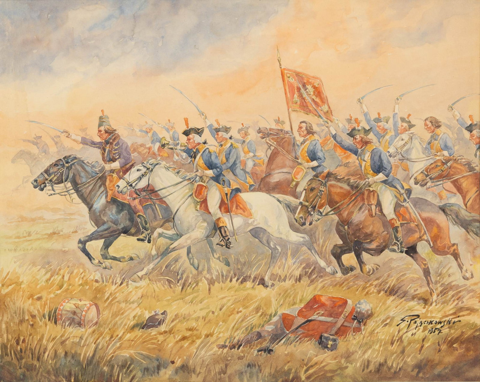 Stephan Pajaczkowski (Polish, 1900-1978) Watercolor on Wove Paper 1957, 'Polish General Kazimierz: Stephan Pajaczkowski (Polish, 1900-1978) Watercolor on Wove Paper 1957, 'Polish General Kazimierz Pulaski's Charge at the Battle of Brandywine', H 15.5" W 19" Signed and dated lower right. Depicting P