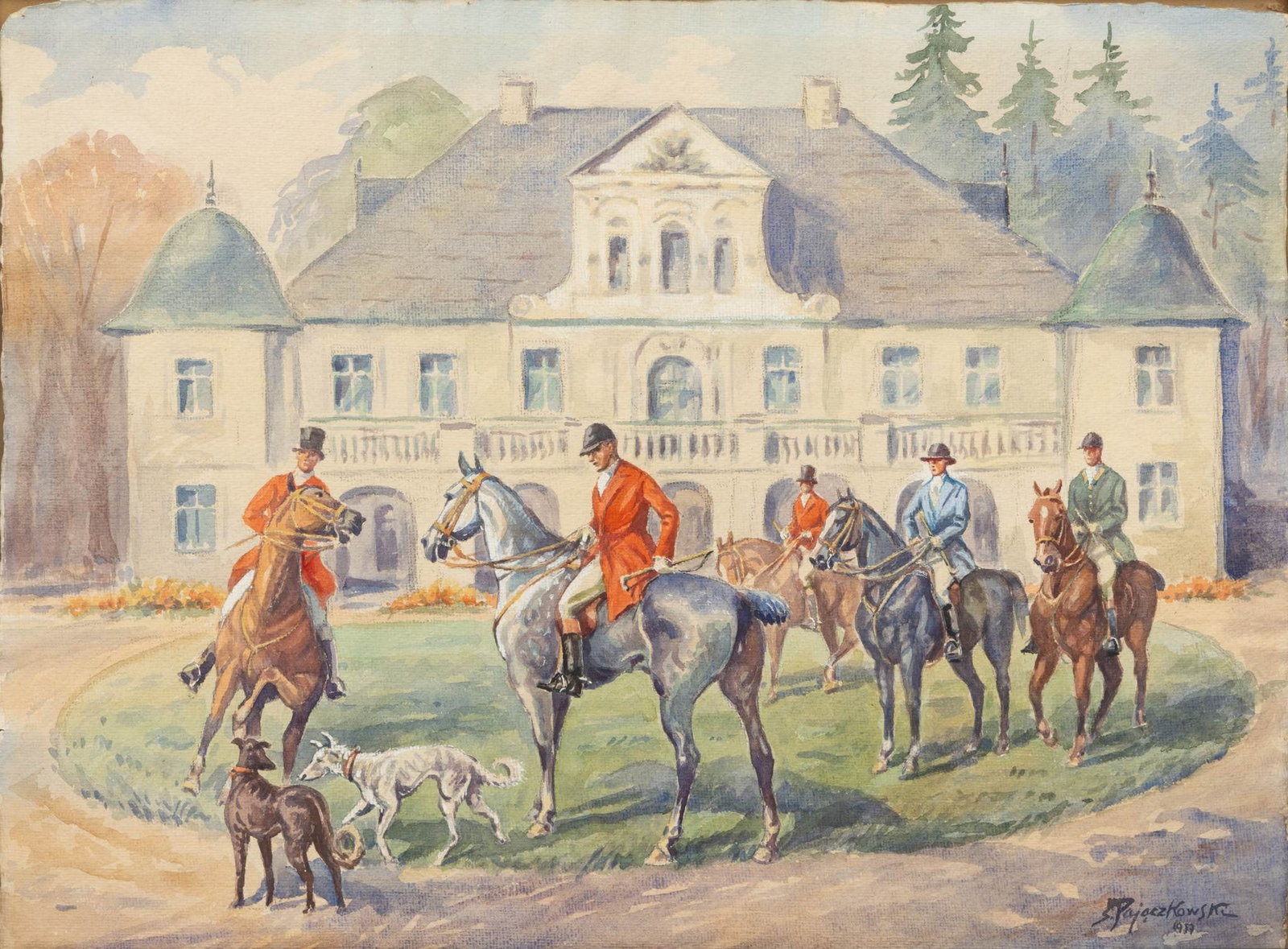 Stephan Pajaczkowski (Polish, 1900-1978) Watercolor on Wove Paper 1957, 'Fox Hunters at a Country: Stephan Pajaczkowski (Polish, 1900-1978) Watercolor on Wove Paper 1957, 'Fox Hunters at a Country Estate', H 16.5" W 23" Signed and dated lower right. Provenance: Property from the estate collection o