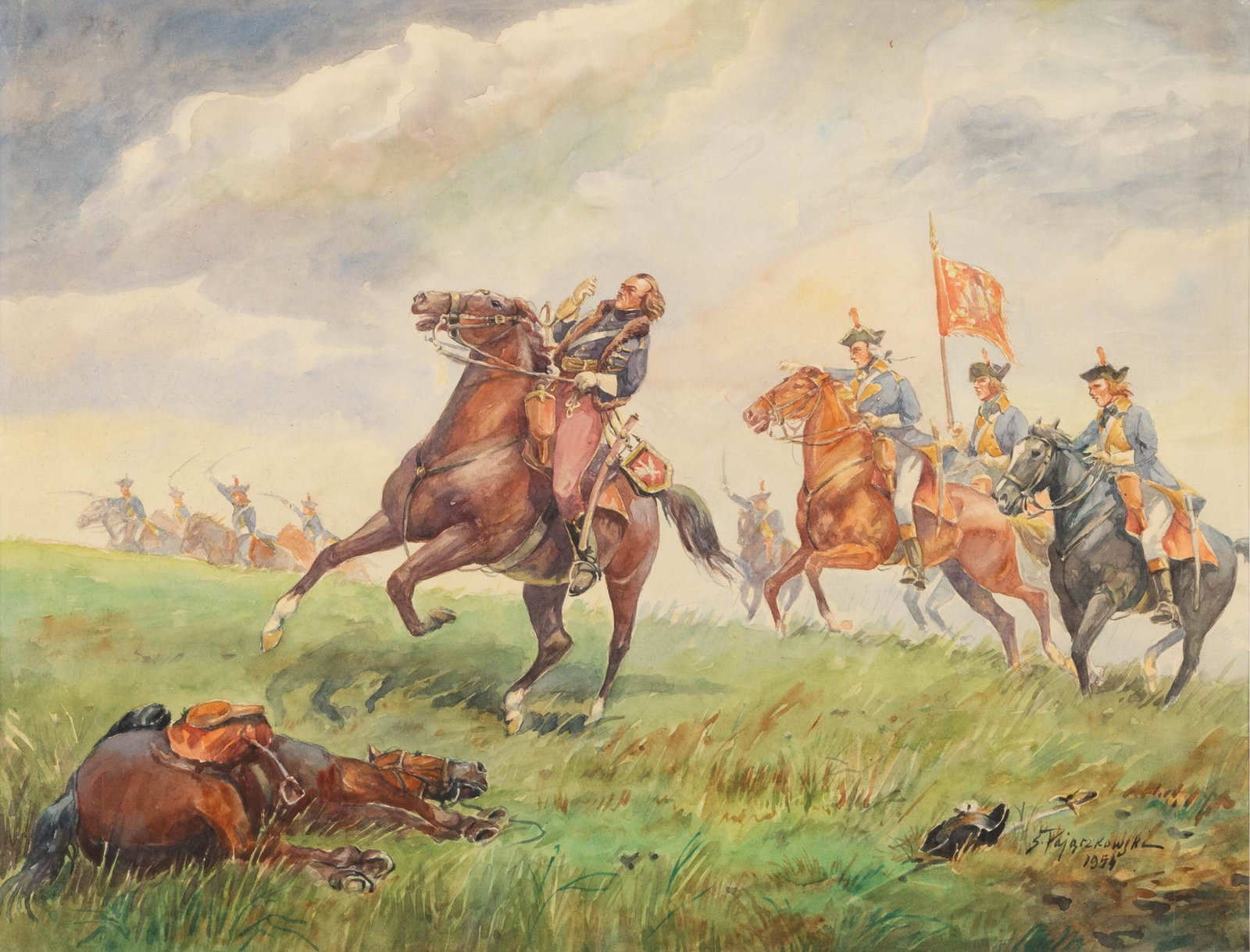 Stephan Pajaczkowski (Polish, 1900-1978) Watercolor on Wove Paper 1954, 'Polish General Kazimierz: Stephan Pajaczkowski (Polish, 1900-1978) Watercolor on Wove Paper 1954, 'Polish General Kazimierz Pulaski and His Lancers', H 15" W 19.5" Signed and dated lower right. Provenance: Property from 