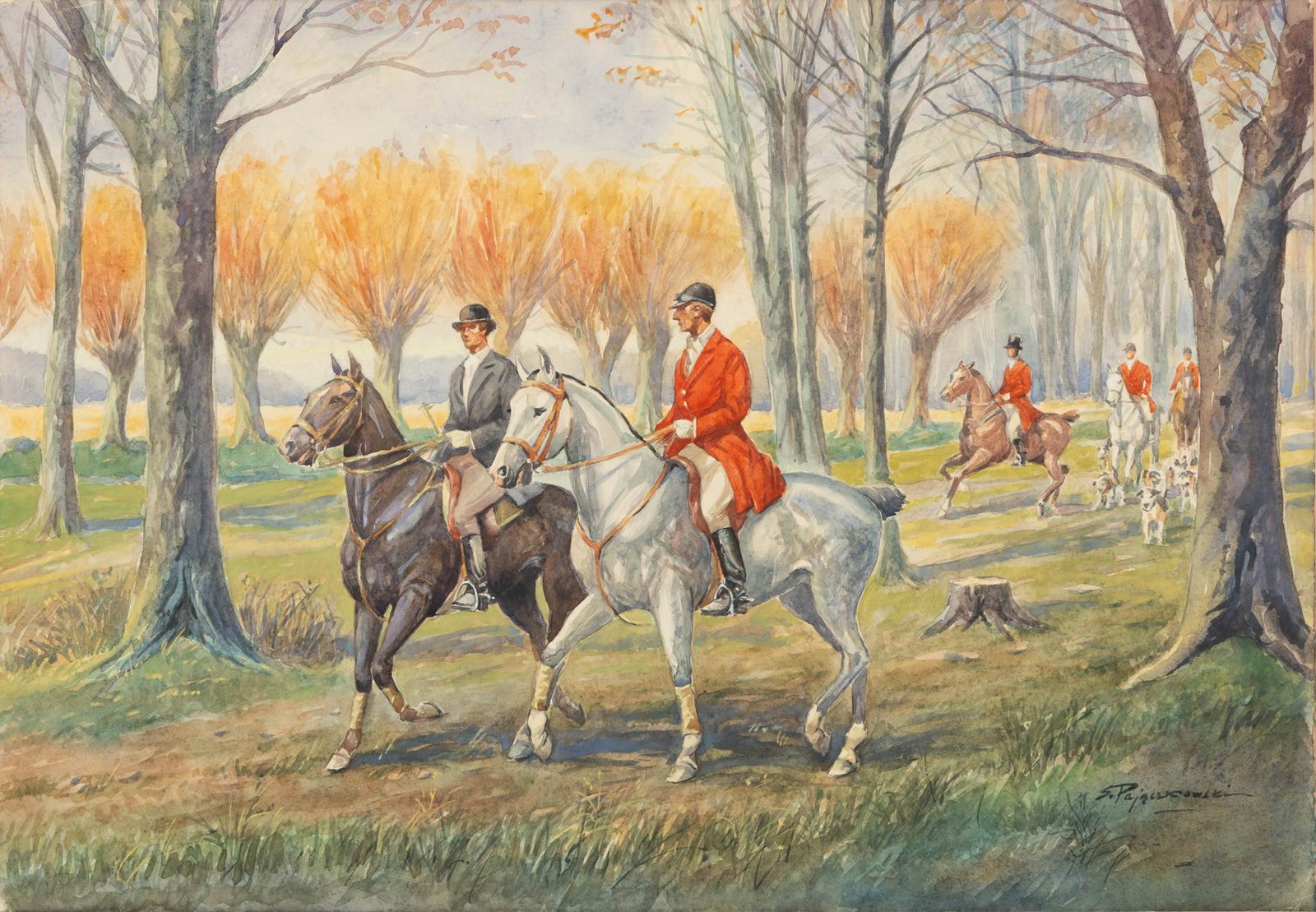 Stephan Pajaczkowski (Polish, 1900-1978) Watercolor on Wove Paper, Ca. 1950, 'Fox Hunters in a: Stephan Pajaczkowski (Polish, 1900-1978) Watercolor on Wove Paper, Ca. 1950, 'Fox Hunters in a Wooded Field', H 13.5" W 19.5" Signed lower right. Provenance: Property from the estate collection 