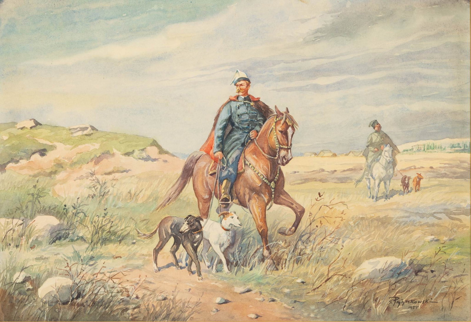 Stephan Pajaczkowski (Polish, 1900-1978) Watercolor on Wove Paper 1955, 'Polish Hunters on Horseback: Stephan Pajaczkowski (Polish, 1900-1978) Watercolor on Wove Paper 1955, 'Polish Hunters on Horseback with Their Dogs', H 13.5" W 19" Signed and dated lower right. Provenance: Property from the estate 