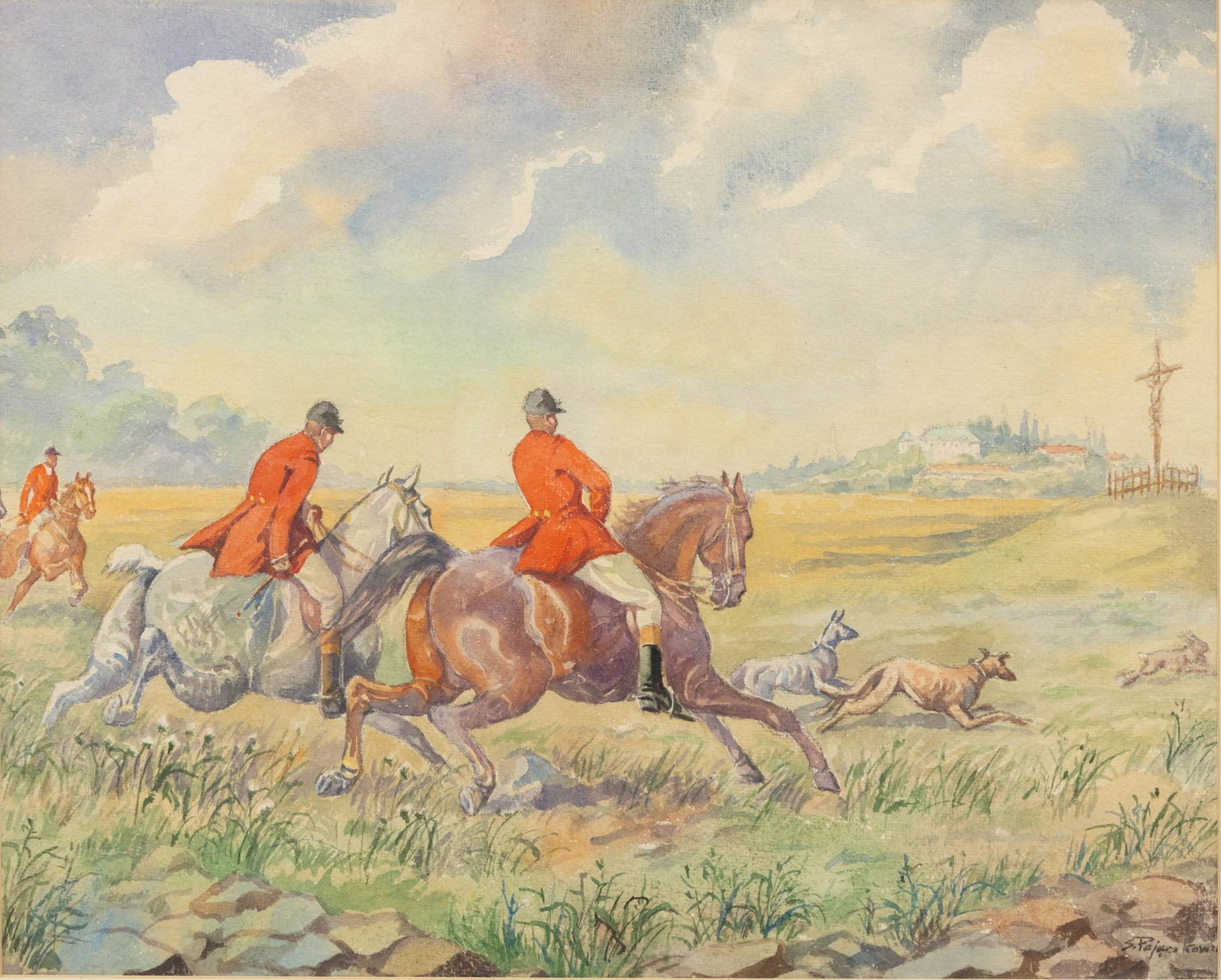 Stephan Pajaczkowski (Polish, 1900-1978) Watercolor on Paper 1955, 'Chasing a Hare', H 16" W 20": Stephan Pajaczkowski (Polish, 1900-1978) Watercolor on Paper 1955, 'Chasing a Hare', H 16" W 20" Signed lower right. Provenance: Property from the estate collection of a prominent collector of Polish 