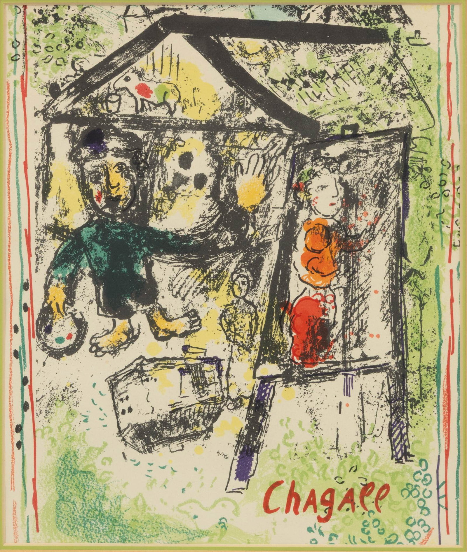 Marc Chagall (French/Russian, 1887-1985) Lithograph in Colors on Wove Paper 1969, 'Le Peintre Devant: Marc Chagall (French/Russian, 1887-1985) Lithograph in Colors on Wove Paper 1969, 'Le Peintre Devant Le Village (Derriere Le Miroir No. 182)', H 13.25" W 11.5" Unsigned (as issued) for Derriere le Mir