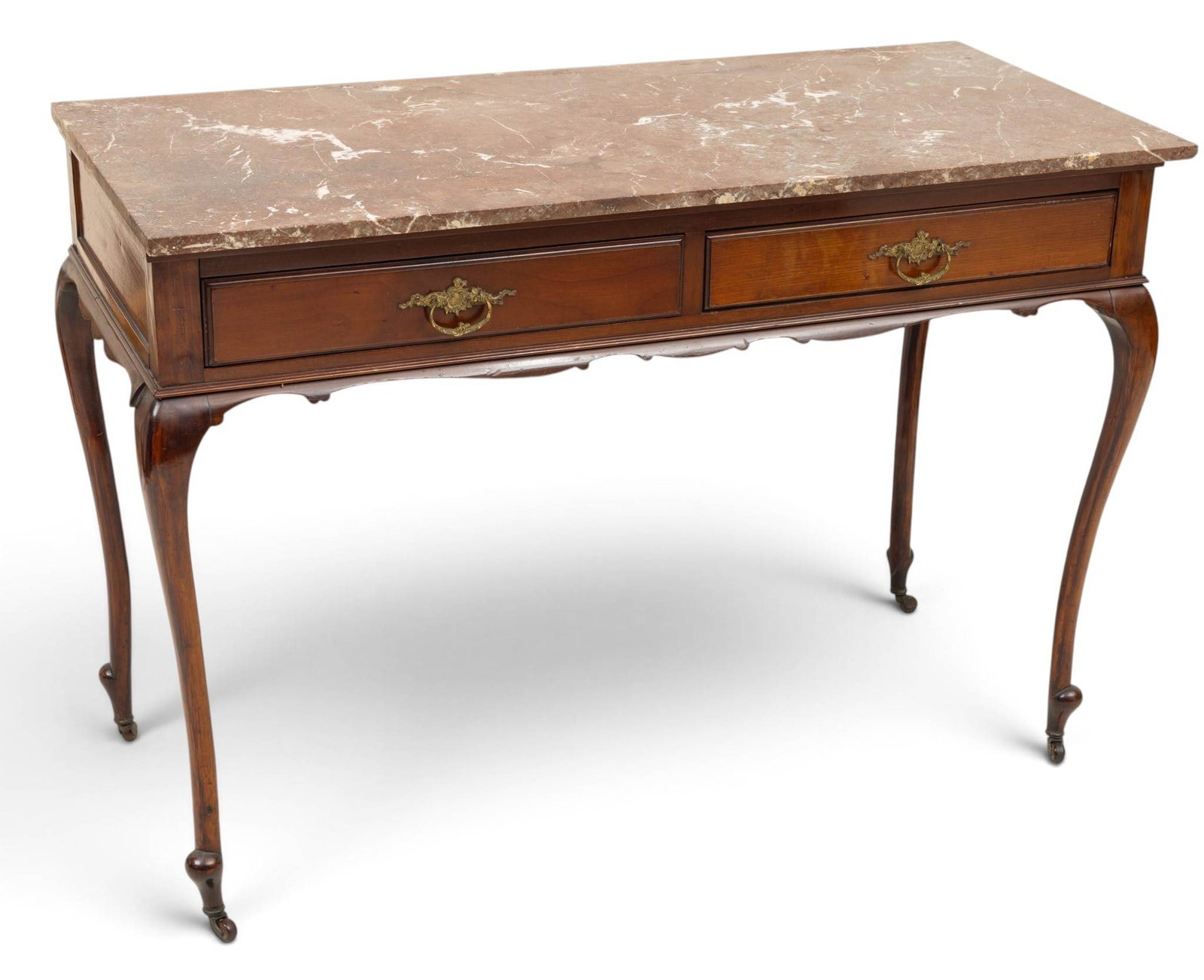 Victorian Queen Anne Influenced Writing Desk with Marble Top Late 19th C., H 32.5" L 48" Depth 22" (1 of 6)