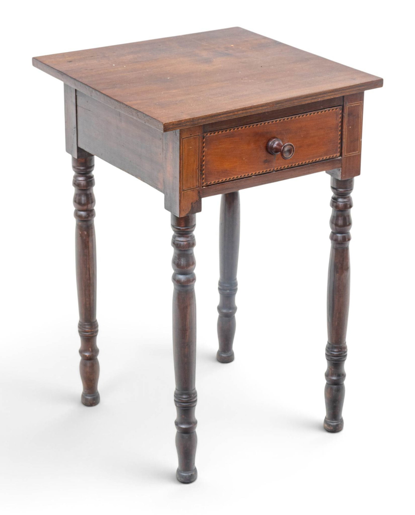 American Sheraton Cherry Inlaid Single Drawer Stand 19th C., H 28.5" W 18.5" Depth 18" (1 of 8)