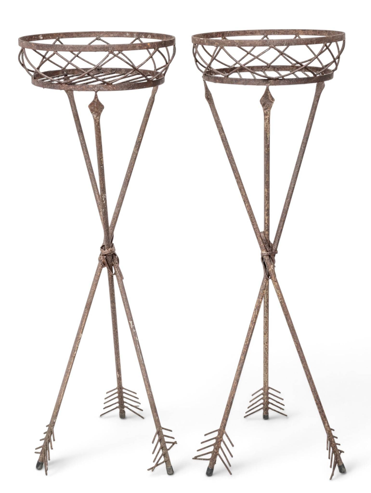 Wrought Iron Arrow Planters Early 20th Cent., H 55.25" Dia. 18" 1 PAIR (1 of 8)