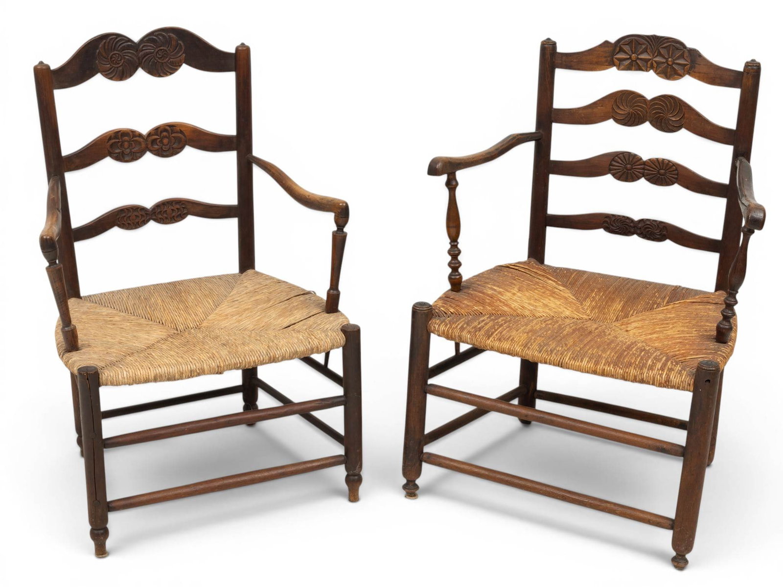 French Provincial Carved Ladderback Oak Armchairs with Rush Seats, Ca. 19th C., H 35" W 25" Depth (1 of 5)
