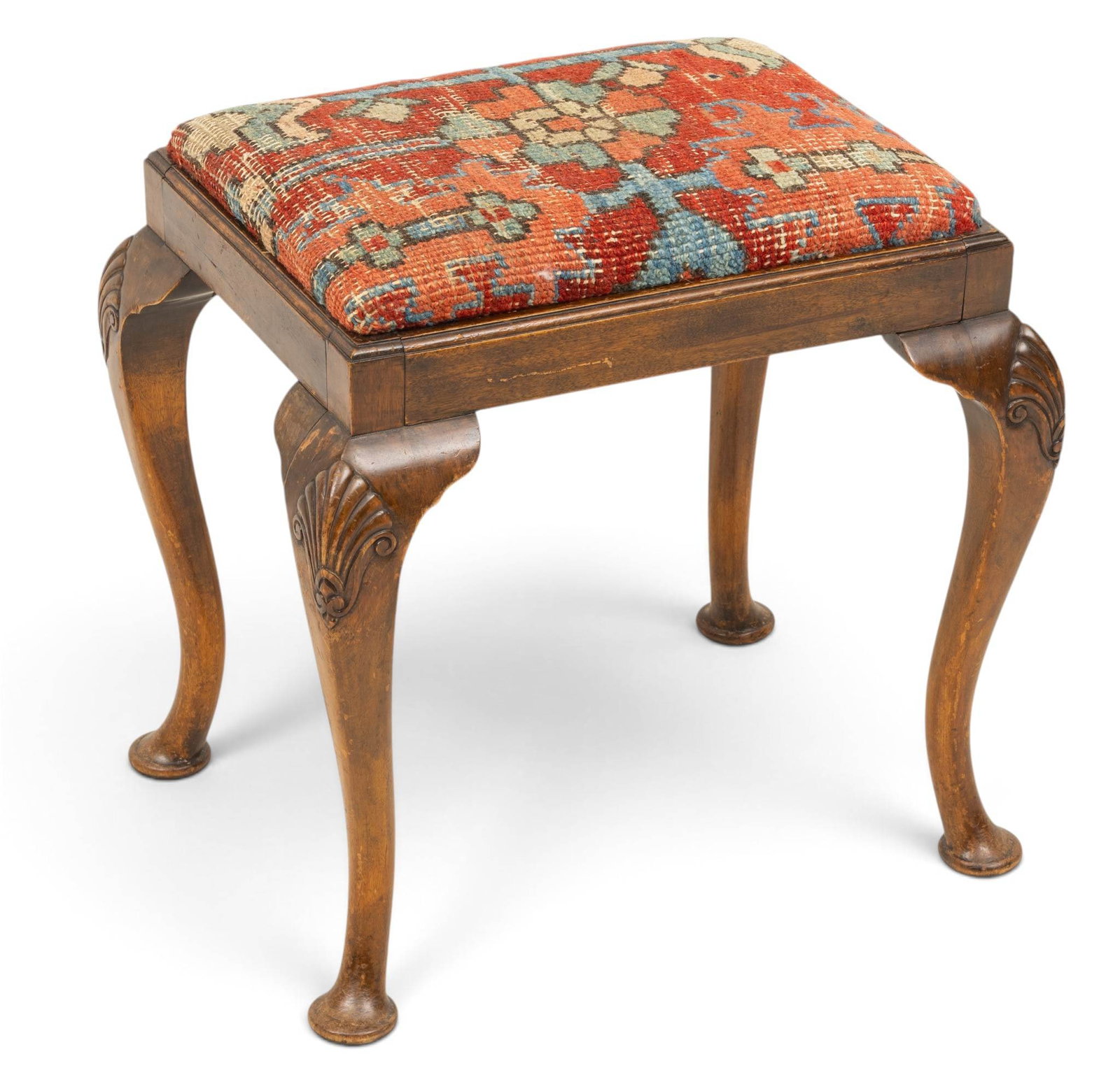 Queen Anne Style Upholstered Footstool Early 20th C., H 20.5" W 20" Depth 16" (1 of 4)
