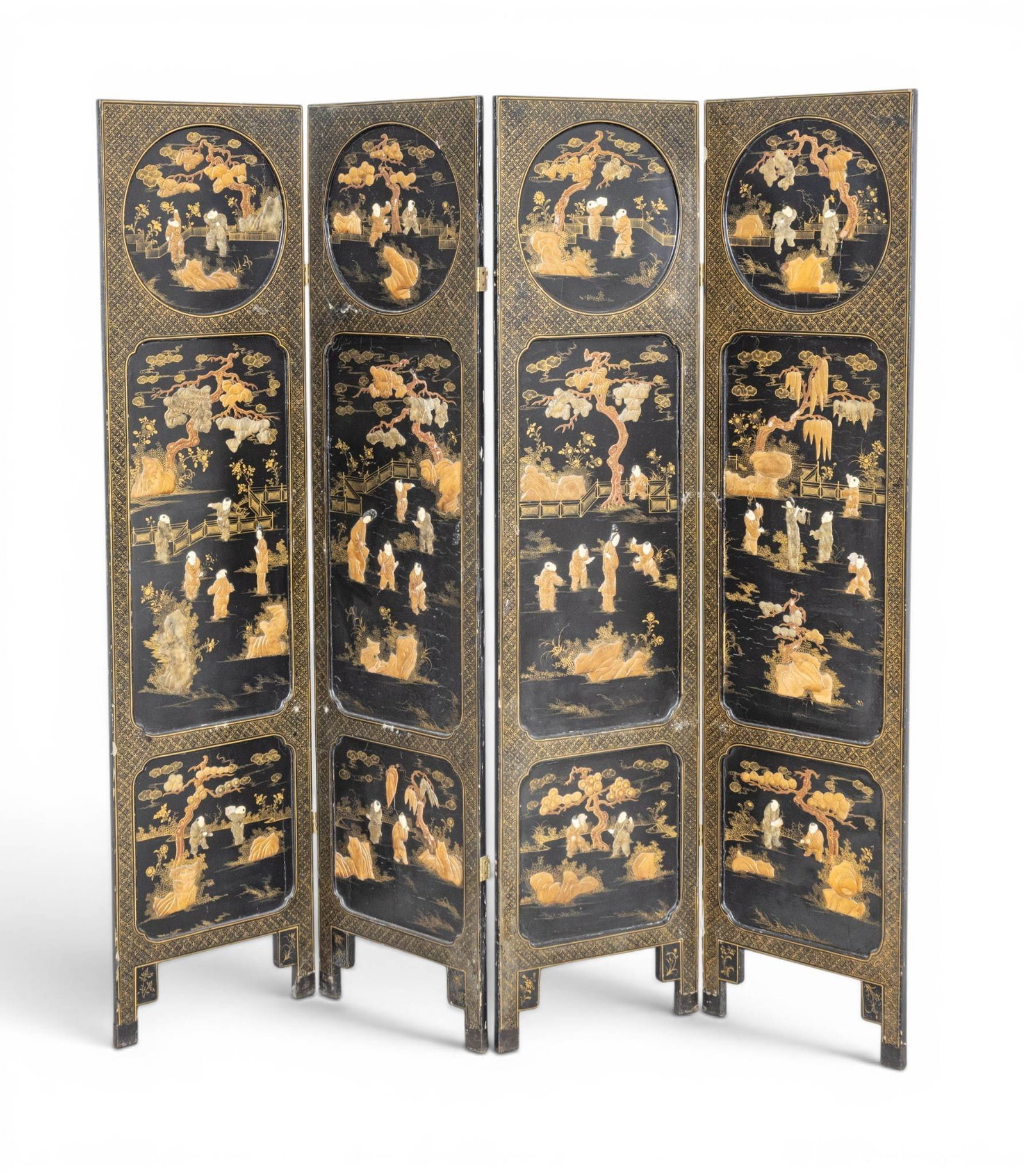 Chinese Lacquer Screens, (4 Panels) 19th.c., H 72" W 34" 1 PAIR (1 of 9)