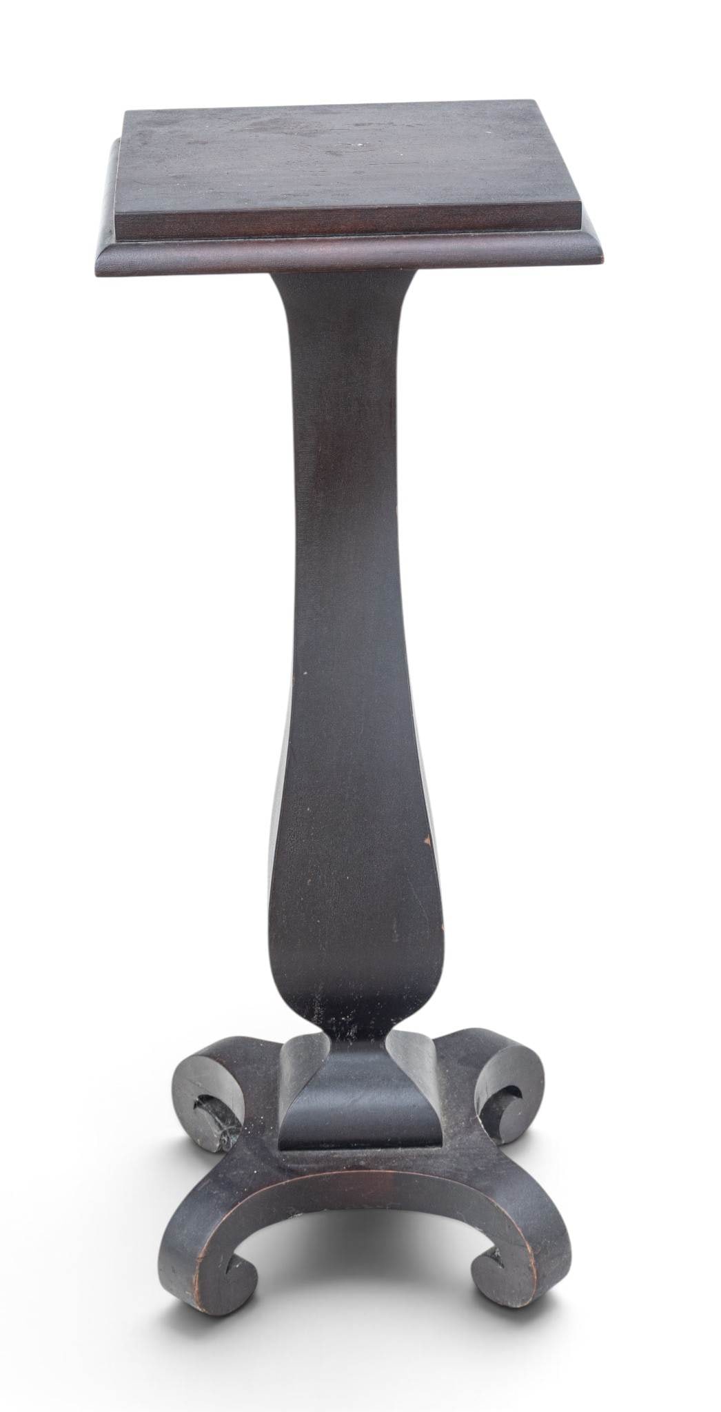 American Empire Style Carved Mahogany Pedestal 1900, H 36" W 14" Depth 14" 1 PC: American Empire Style Carved Mahogany Pedestal 1900, H 36" W 14" Depth 14" 1 PC Four scrolled feet. Tapered panel support. Provenance: A Grosse Pointe Farms, MI private collection. Dimensions: H