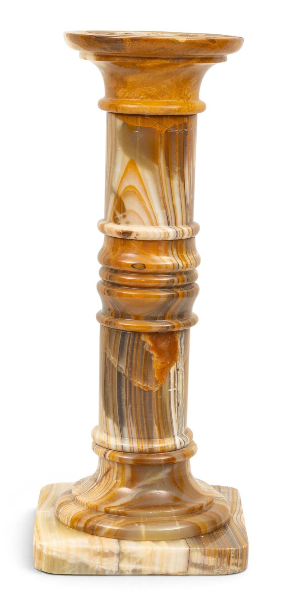 Italian Carved Onyx Pedestal, 1950, H 27" Dia. 9": Italian Carved Onyx Pedestal, 1950, H 27" Dia. 9" Carmel marble with white veining. Provenance: Property from the estate collection of a prominent collector of Polish and American fine art, Shel