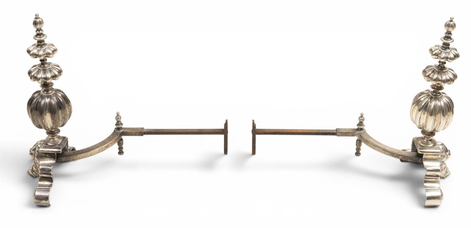 English Mansion Size Silvered Patinated Brass Andirons 1900, H 28" W 13" 1 PAIR (1 of 4)