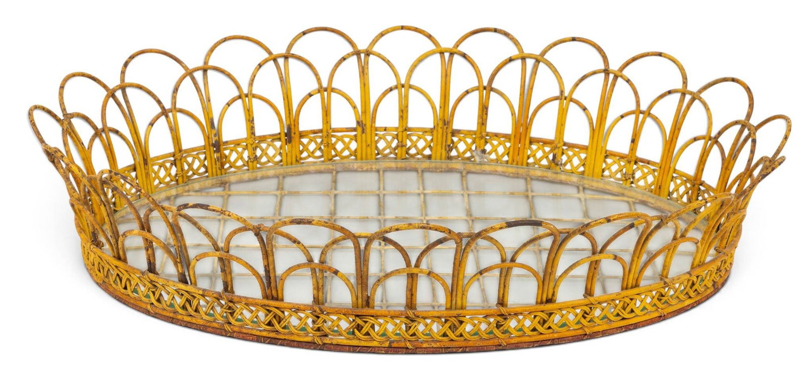 Scalloped Iron and Glass Tray Early 20th C., H 5.25" W 25" Depth 17.5": Scalloped Iron and Glass Tray Early 20th C., H 5.25" W 25" Depth 17.5" An ovoid scalloped iron tray with basket weave style border and glass insert. Provenance: Property from a prominent Grosse 