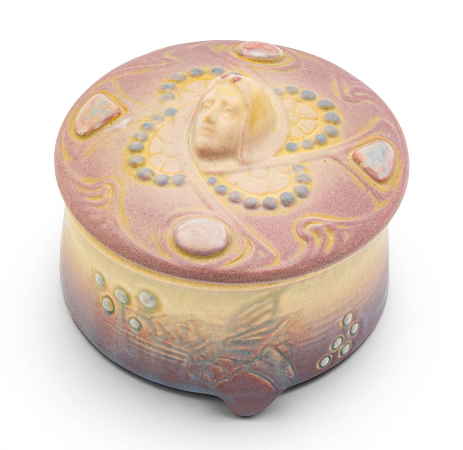 Weller Pottery (Ohio) Art Nouveau Cameo Jewel Lidded Box, Ca. Early 20th C., H 4.5" Dia. 5.25" (1 of 8)