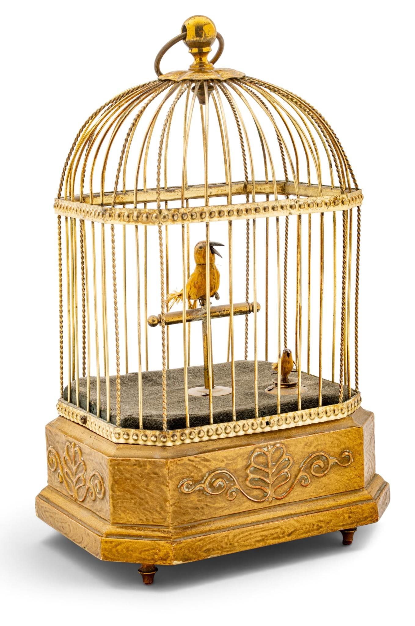 K. G. Germany Singing Bird Automaton, Ca. 1900, H 11" W 6.5" Depth 5.25": K. G. Germany Singing Bird Automaton, Ca. 1900, H 11" W 6.5" Depth 5.25" A pair of singing automaton birds in a wood and brass cage. Provenance: Property from the Estate Collection of Catherine Mayhew