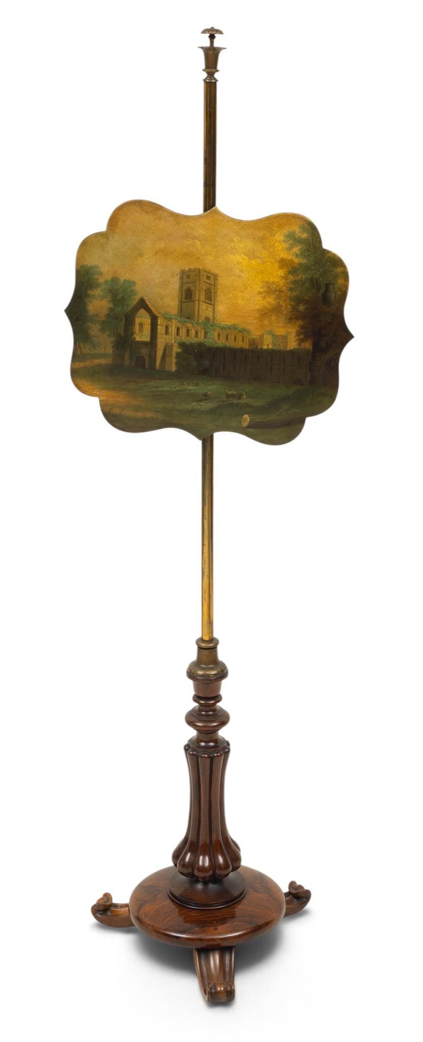 Rosewood and Brass Fire Screen with Hand-painted, "Fountains Abby," Scene 19th Century, H 55" W 16" (1 of 5)