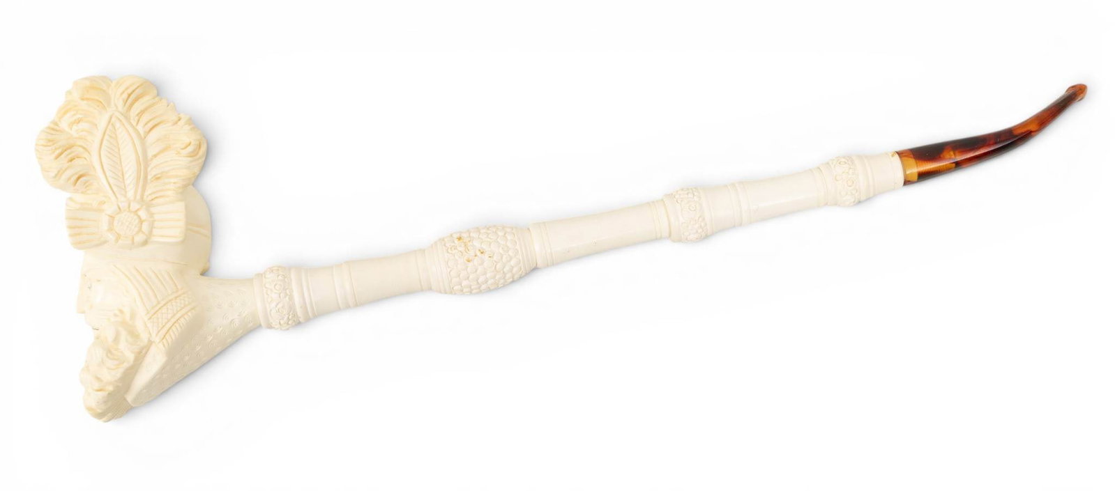 Turkish Pressed Meerschaum Pipe, Late 20th C., 'Sultan', H 4.5" L 15.5": Turkish Pressed Meerschaum Pipe, Late 20th C., 'Sultan', H 4.5" L 15.5" Carved bowl in the form of a sultan's head with plumed turban. Stem with floral decoration, separates into 6 pieces with threade