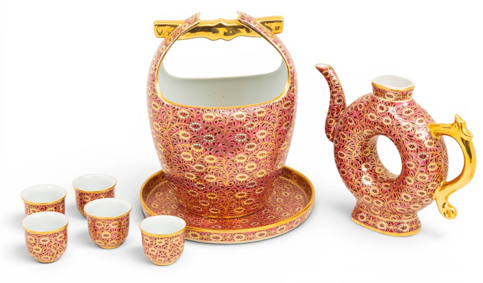 Thailand Hand Painted Porcelain Tea Set 8 PCS: Thailand Hand Painted Porcelain Tea Set 8 PCS Salmon ground enameled floral pattern. Including a basket H 11" W 8", teapot with lid H 10" W 10.75", five cups H 2" Dia 2.5", and a tray H 1.25" Dia 9.75