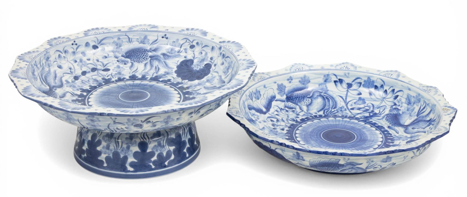 Maitland Smith (English) Blue and White Compote and Bowl Late 20th C., H 6.5" Dia. 16.5" (1 of 5)