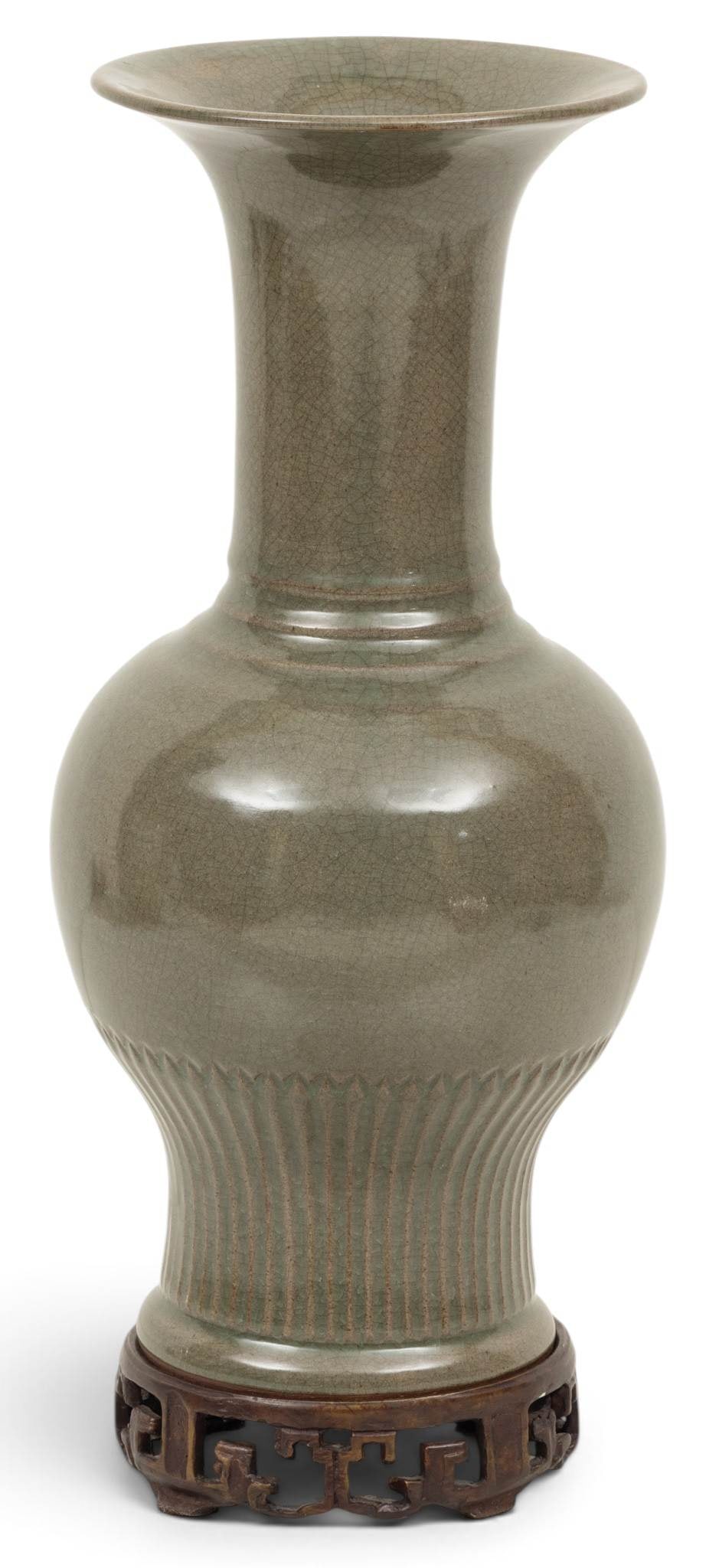 Maitland Smith, Chinese Porcelain Baluster Vase, Wood Base 2010, H 16" 1 PC (1 of 3)