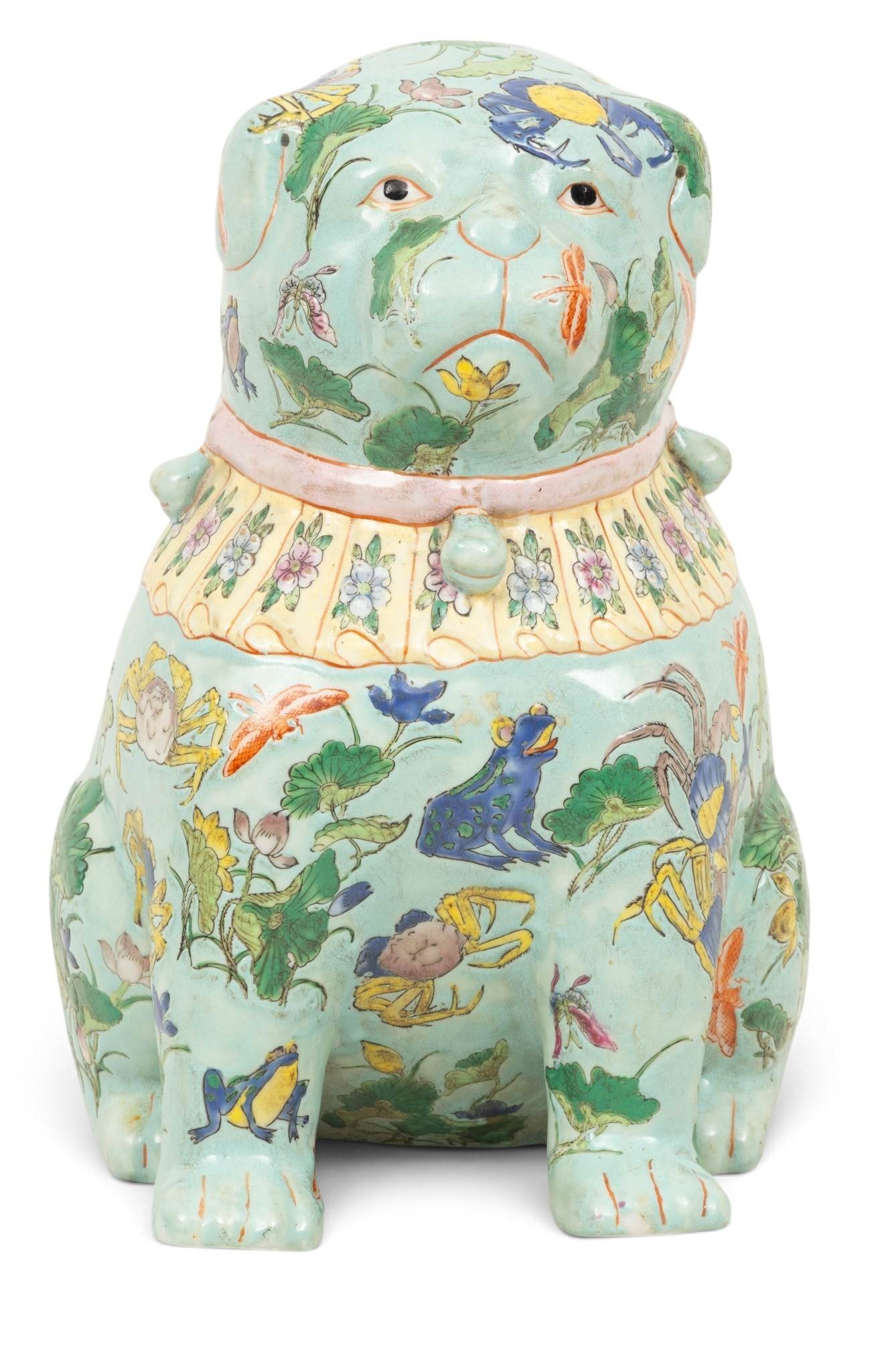 Chinese Porcelain Hand Painted Decorative Dog 2010, H 12" W 10" 1 PC: Chinese Porcelain Hand Painted Decorative Dog 2010, H 12" W 10" 1 PC Whimsical dog in light blue with hand painted flowers, frogs, etc. Heavy. Provenance: Property from a Novi, MI private collet